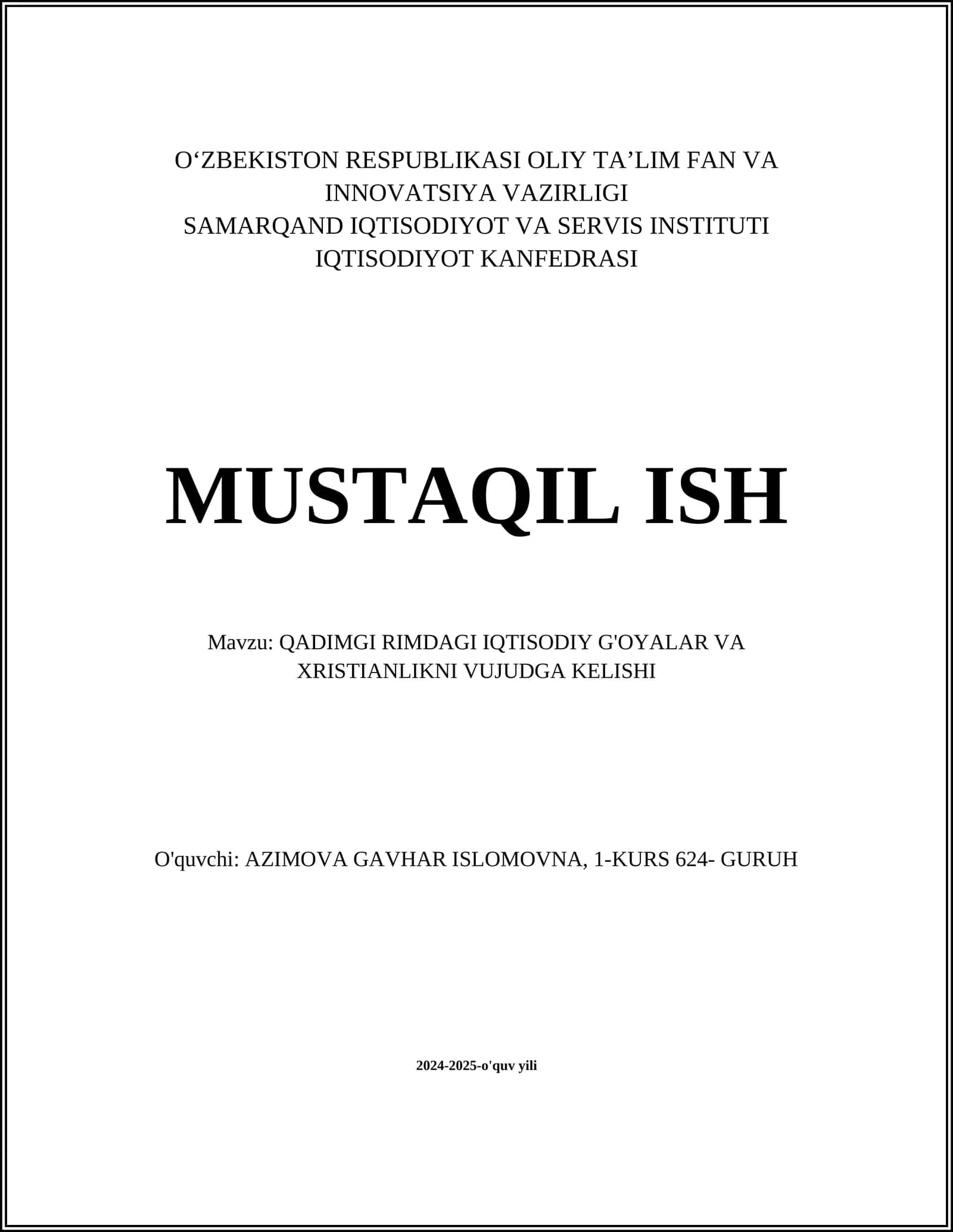 QADIMGI RIMDAGI IQTISODIY G'OYALAR VA XRISTIANLIKNI VUJUDGA KELISHI