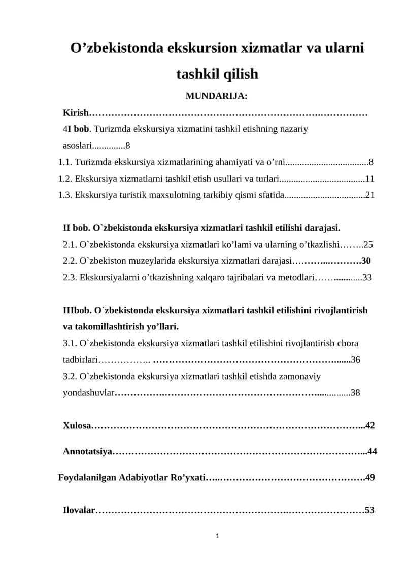 O’zbekistonda ekskursion xizmatlar va ularni tashkil qilish