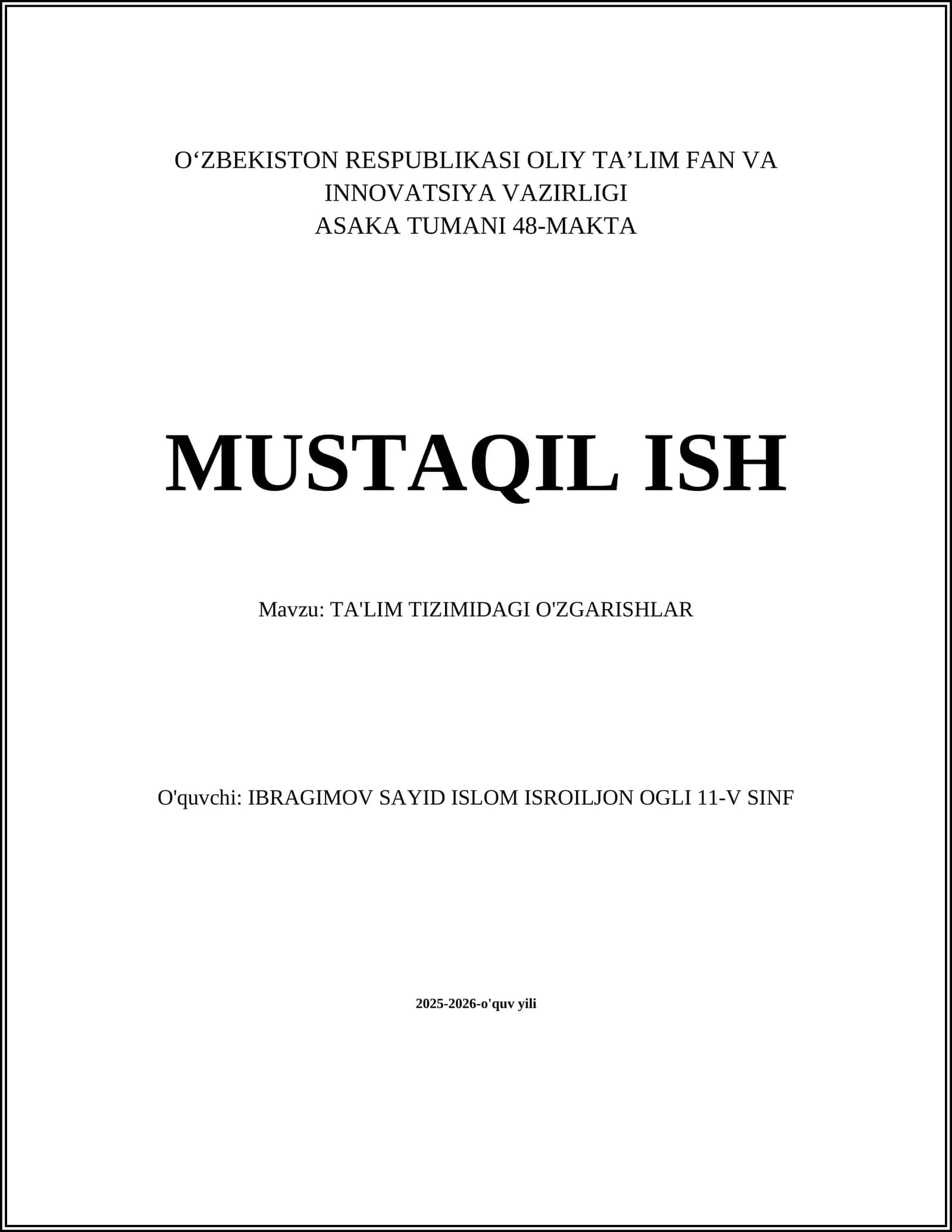 TA'LIM TIZIMIDAGI O'ZGARISHLAR