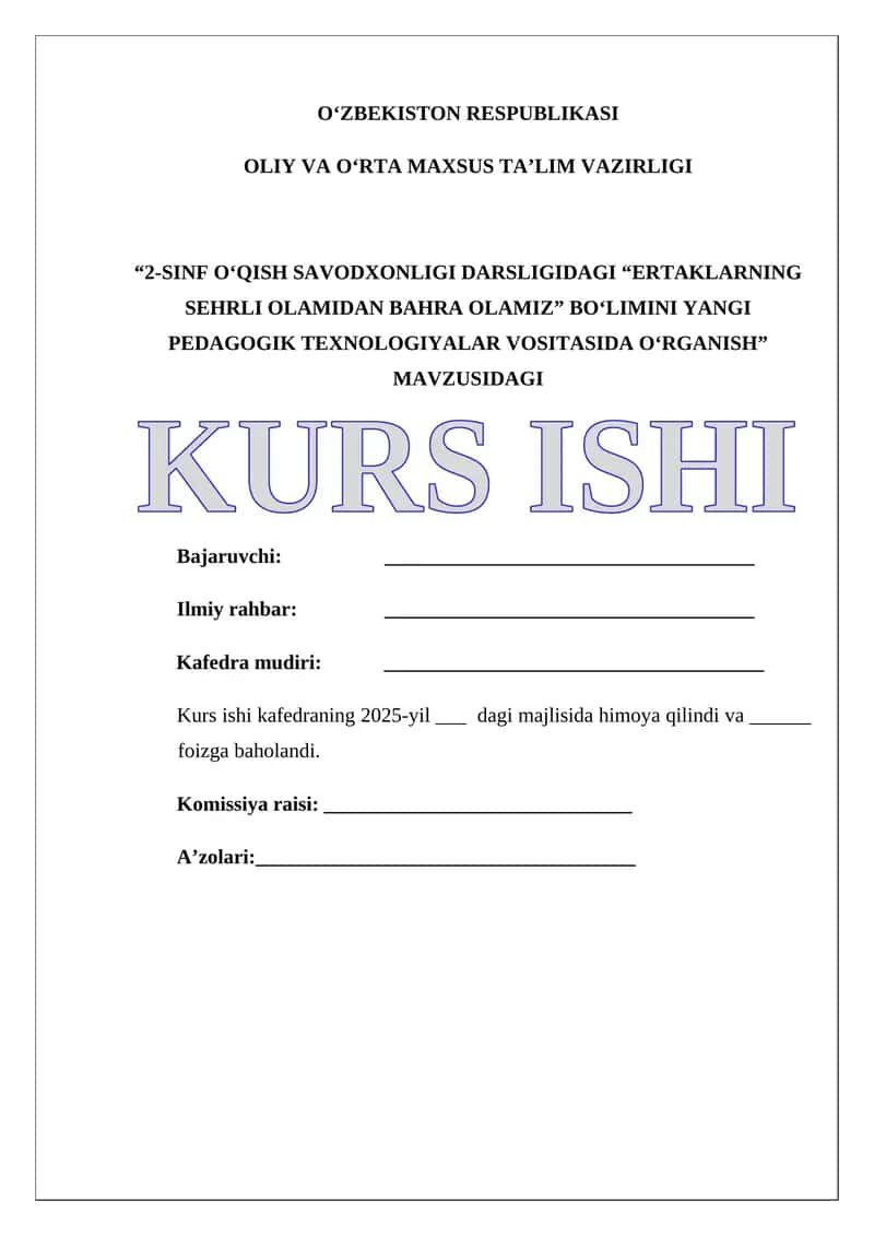 2-SINF O‘QISH SAVODXONLIGI DARSLIGIDAGI “ERTAKLARNING SEHRLI OLAMIDAN BAHRA OLAMIZ” BO‘LIMINI YANGI PEDAGOGIK TEXNOLOGIYALAR VOSITASIDA O‘RGANISH
