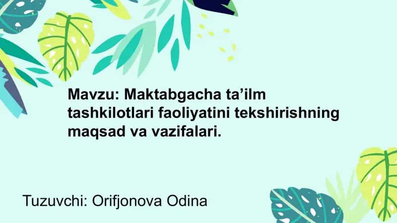 Maktabgacha ta'lim ta'lim toifaliyati ni tekshirishning maqsadlari va vazifalari