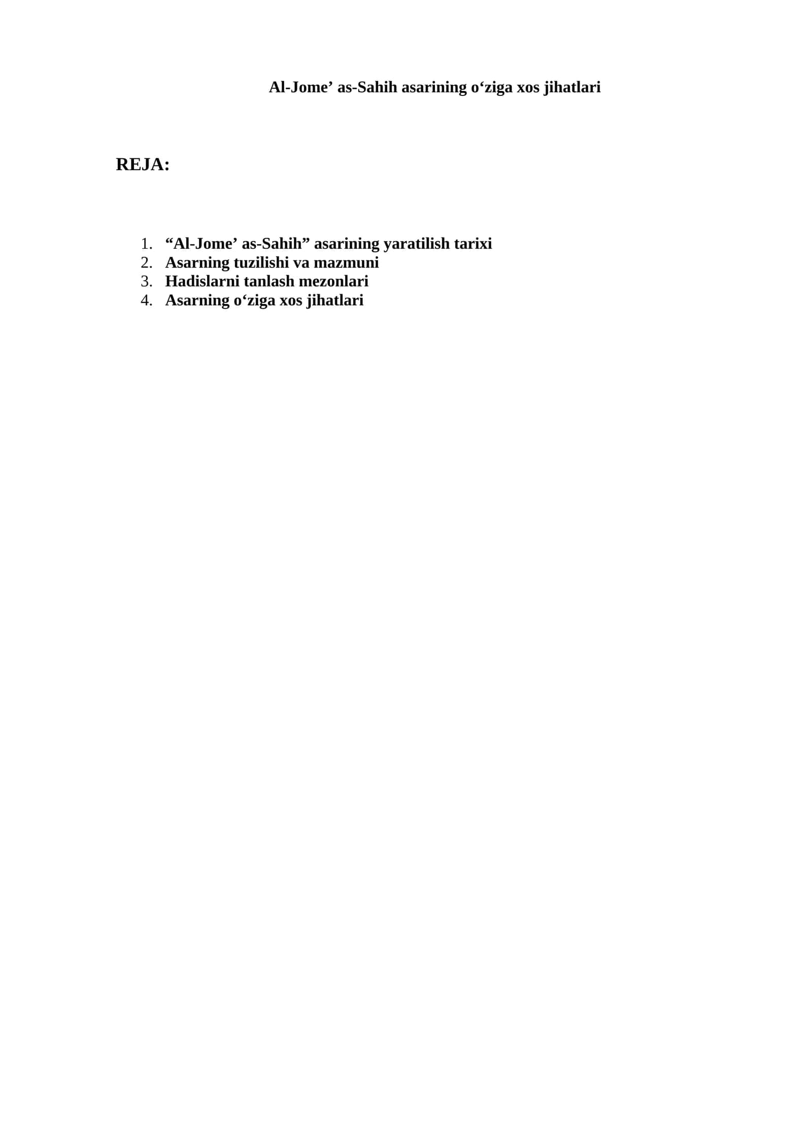 Al-Jomeʼ as-Sahih asarining o‘ziga xos jihatlari