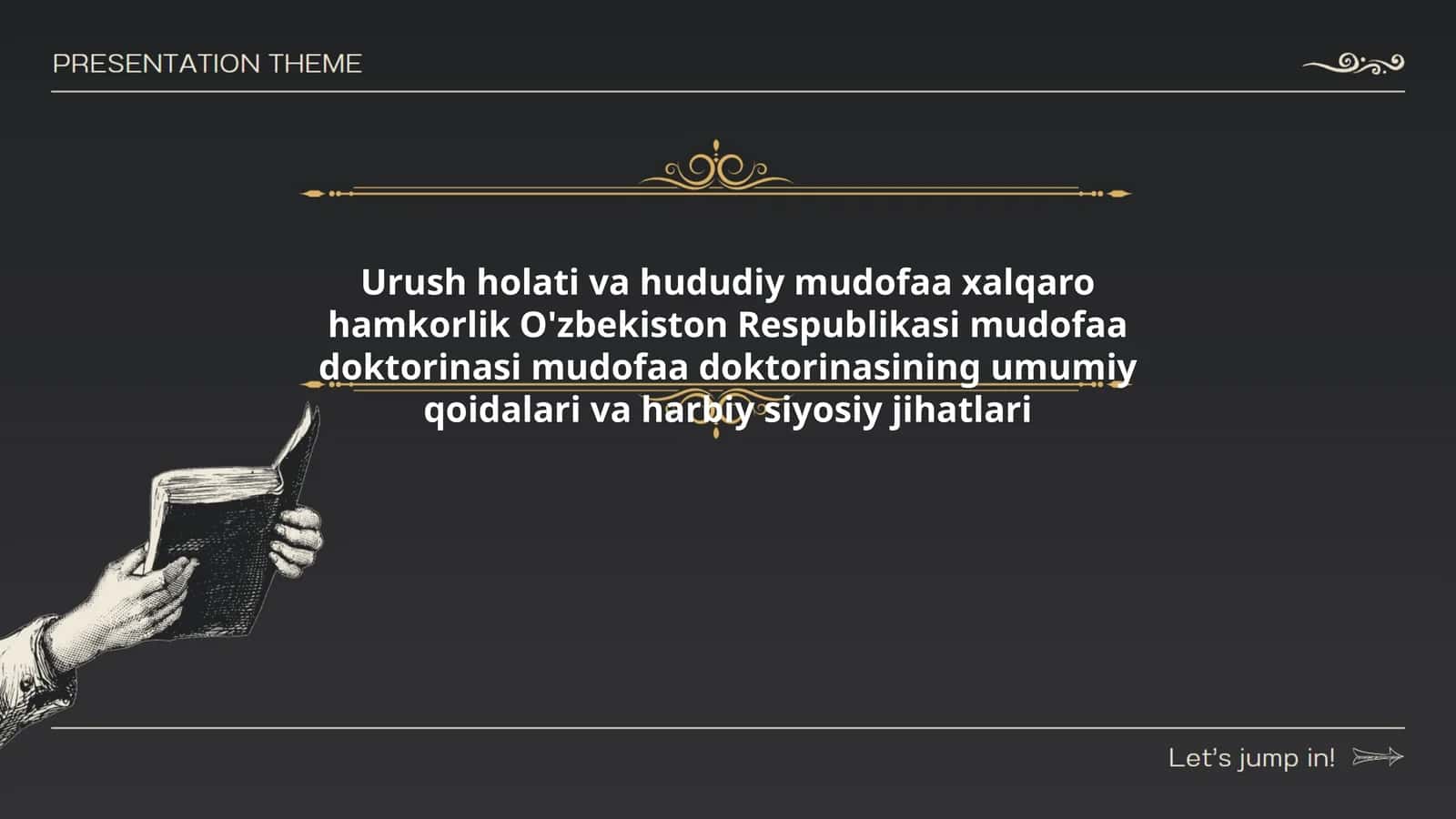 Urush holati va hududiy mudofaa xalqaro hamkorlik O'zbekiston Respublikasi mudofaa doktorinasi mudofaa doktorinasining umumiy qoidalari va harbiy siyosiy jihatlari