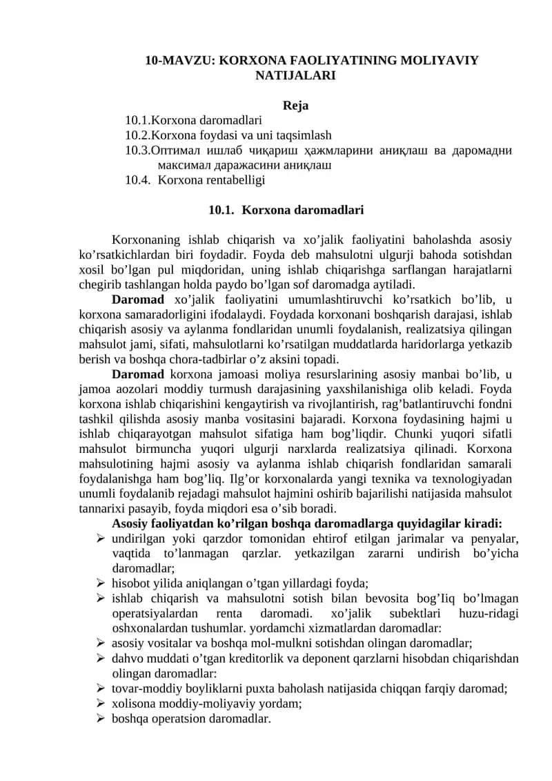 KORXONA FAOLIYATINING MOLIYAVIY NATIJALARI