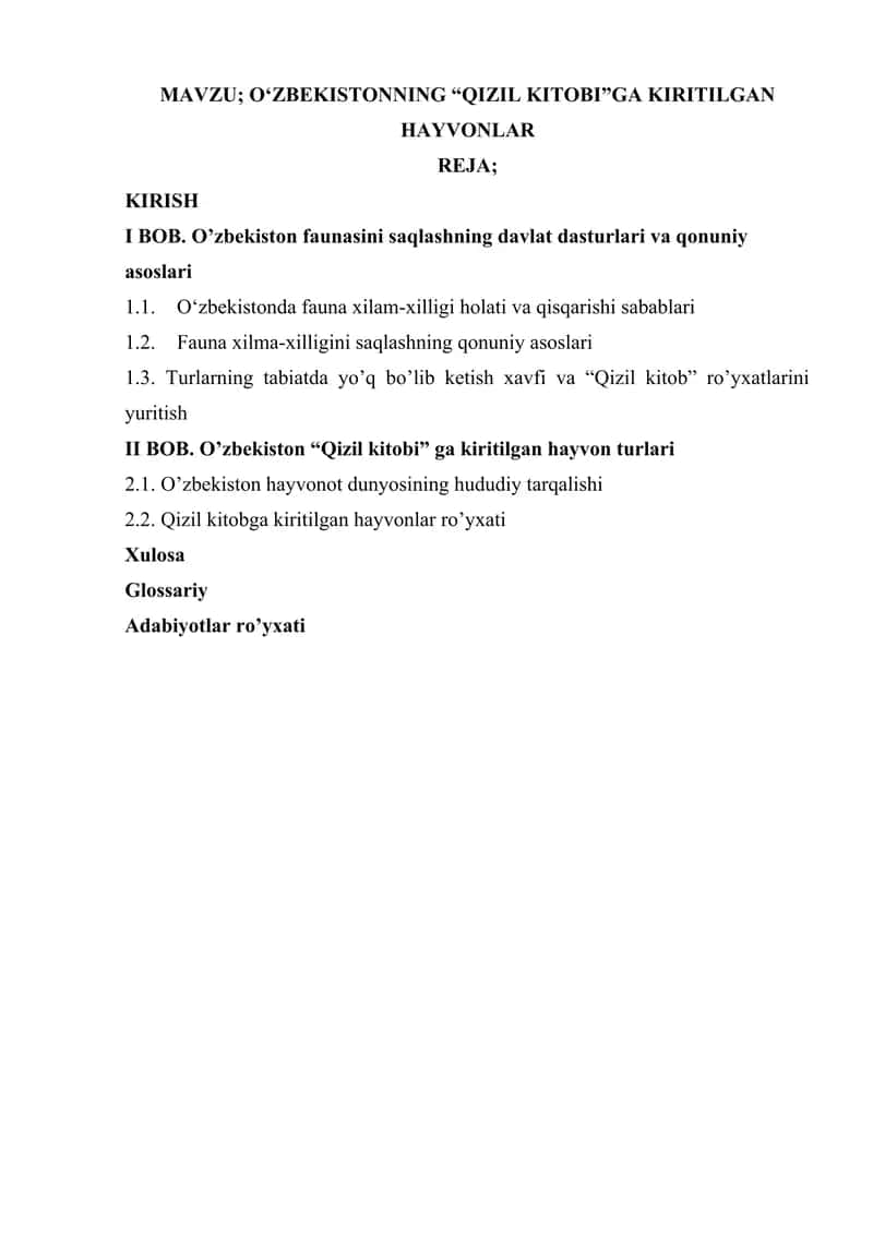 O‘ZBEKISTONNING “QIZIL KITOBI”GA KIRITILGAN HAYVONLAR.KURS ISHI