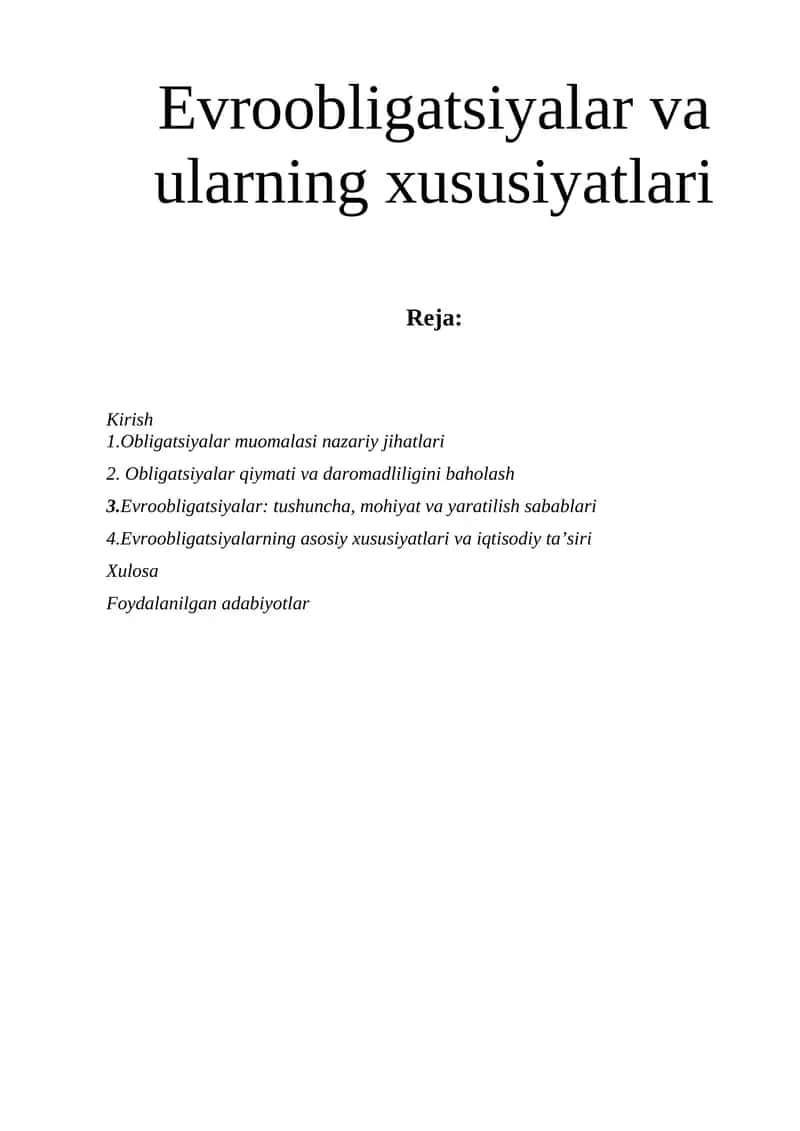 Evroobligatsiyalar va ularning xususiyatlari