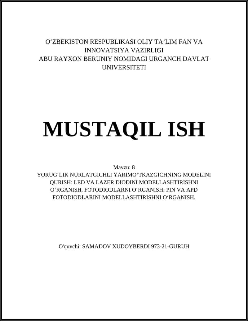Yarimo‘tkazgichli LED va lazer diodlarni modellashtirish