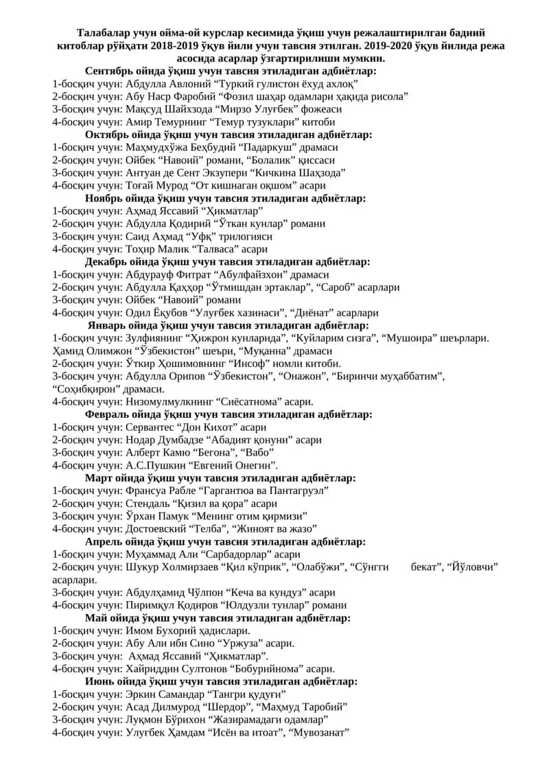 Тавсия этиладиган адбиётлар
