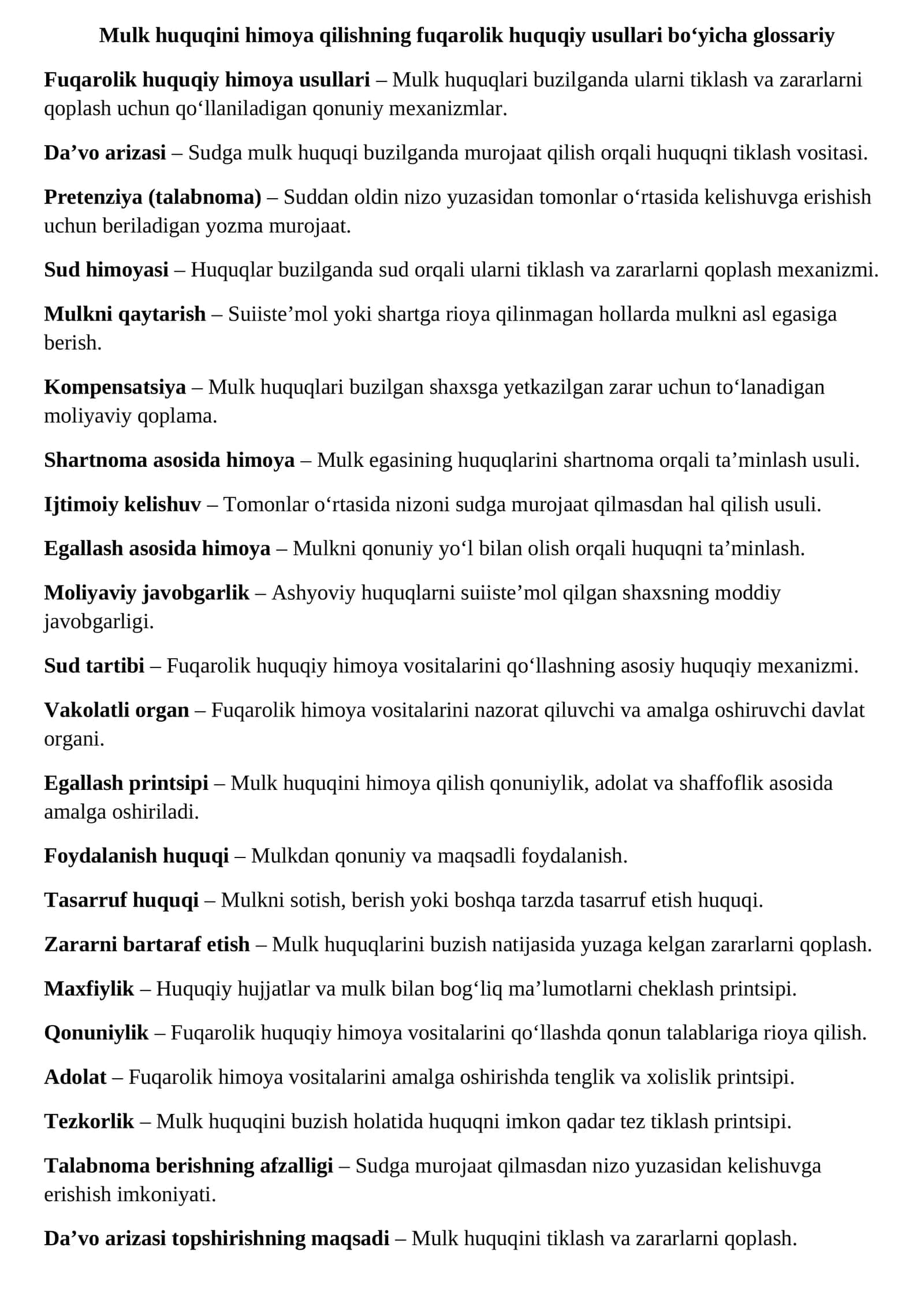 Mulk huquqini himoya qilishning fuqarolik huquqiy usullari bo‘yicha glossariy