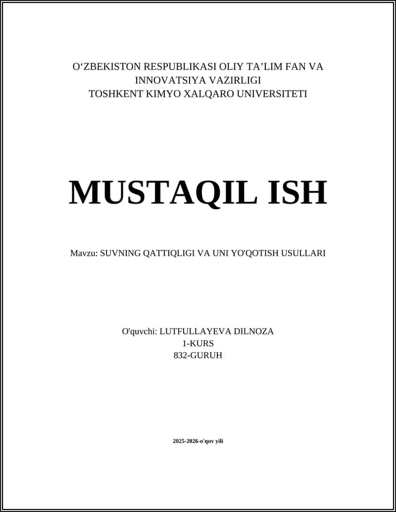 SUVNING QATTIQLIGI VA UNI YO'QOTISH USULLARI