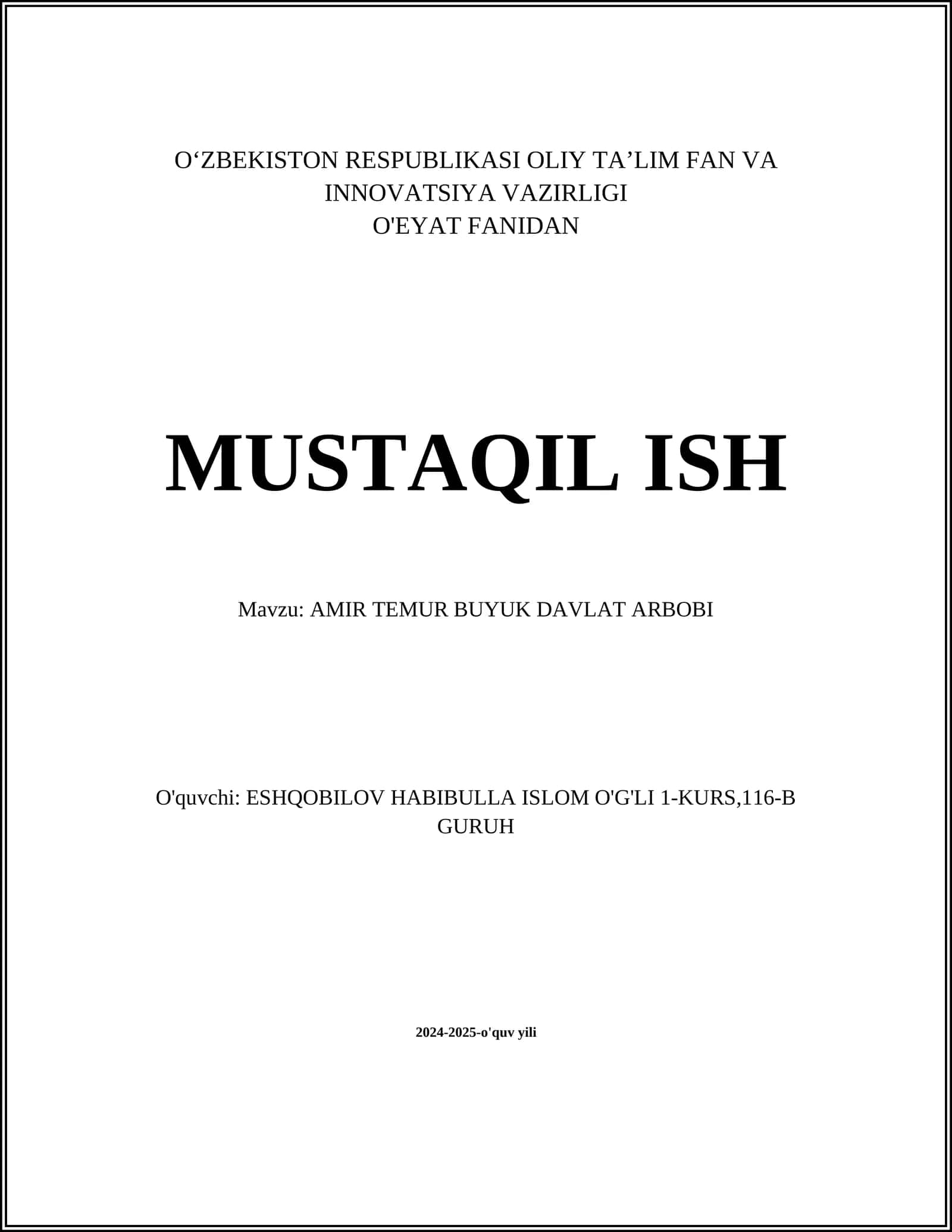 AMIR TEMUR BUYUK DAVLAT ARBOBI