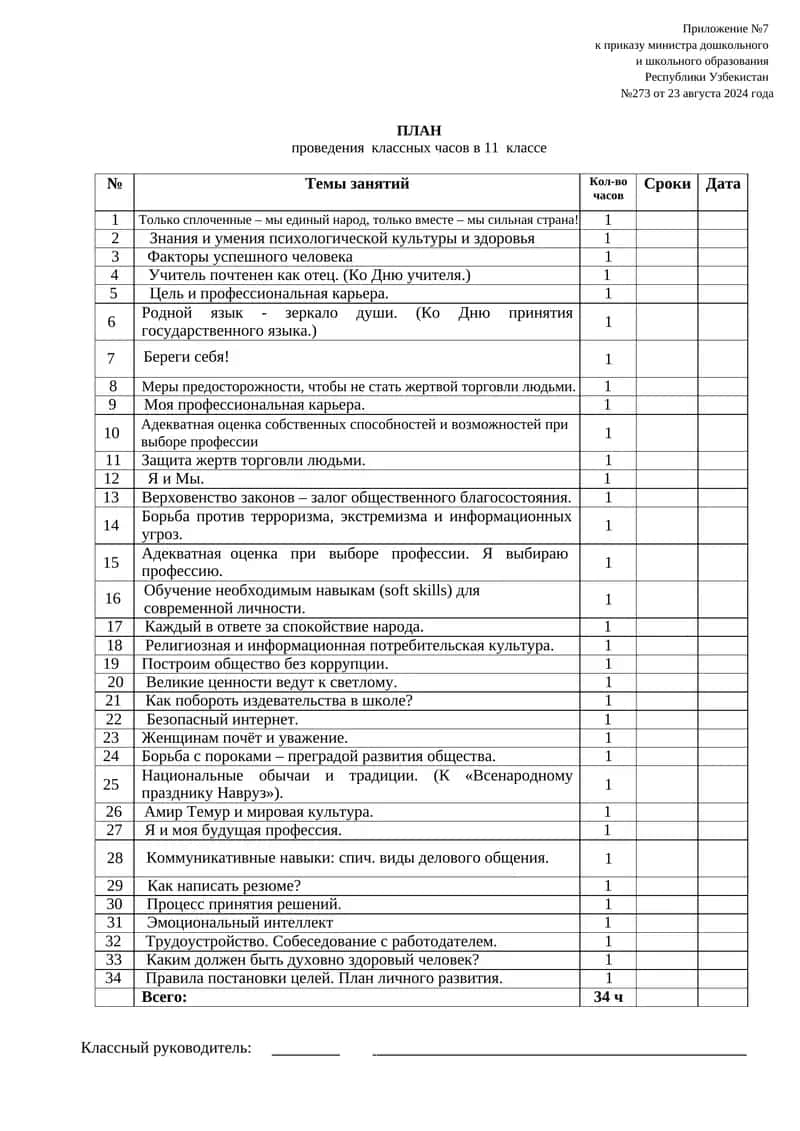 ПЛАН проведения классных часов в 11 классе