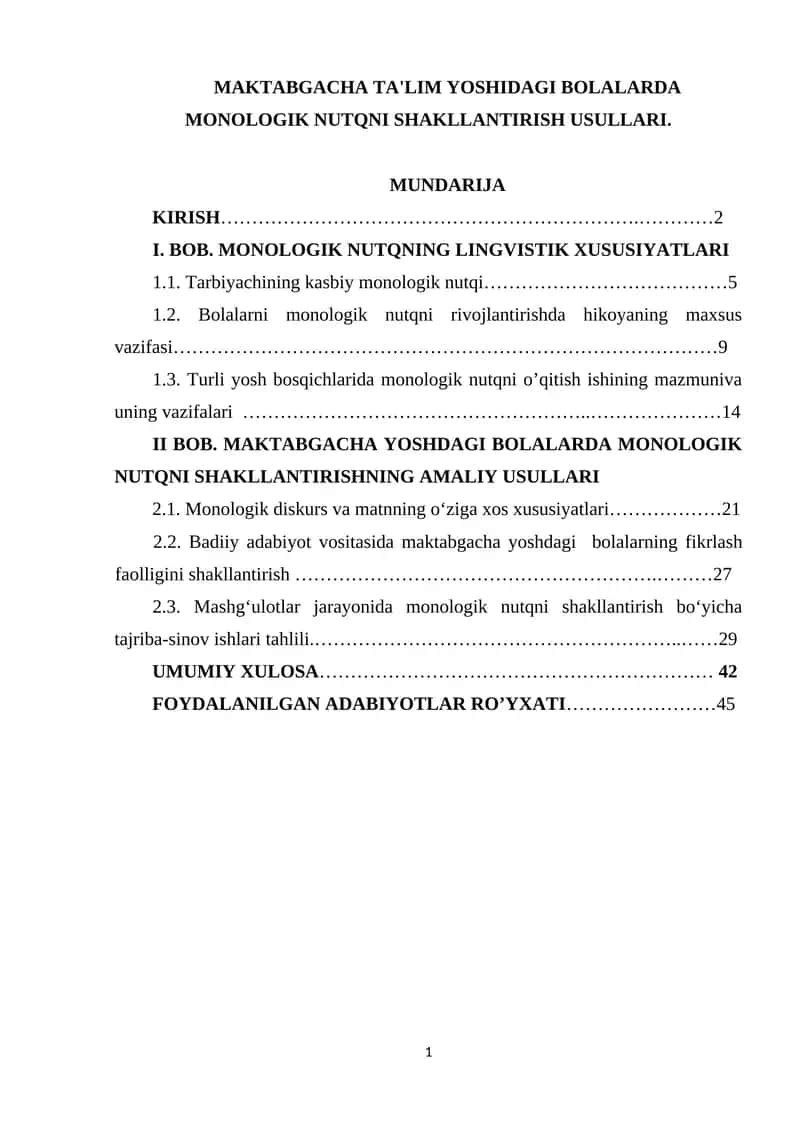 MAKTABGACHA TA'LIM YOSHIDAGI BOLALARDA MONOLOGIK NUTQNI SHAKLLANTIRISH USULLARI
