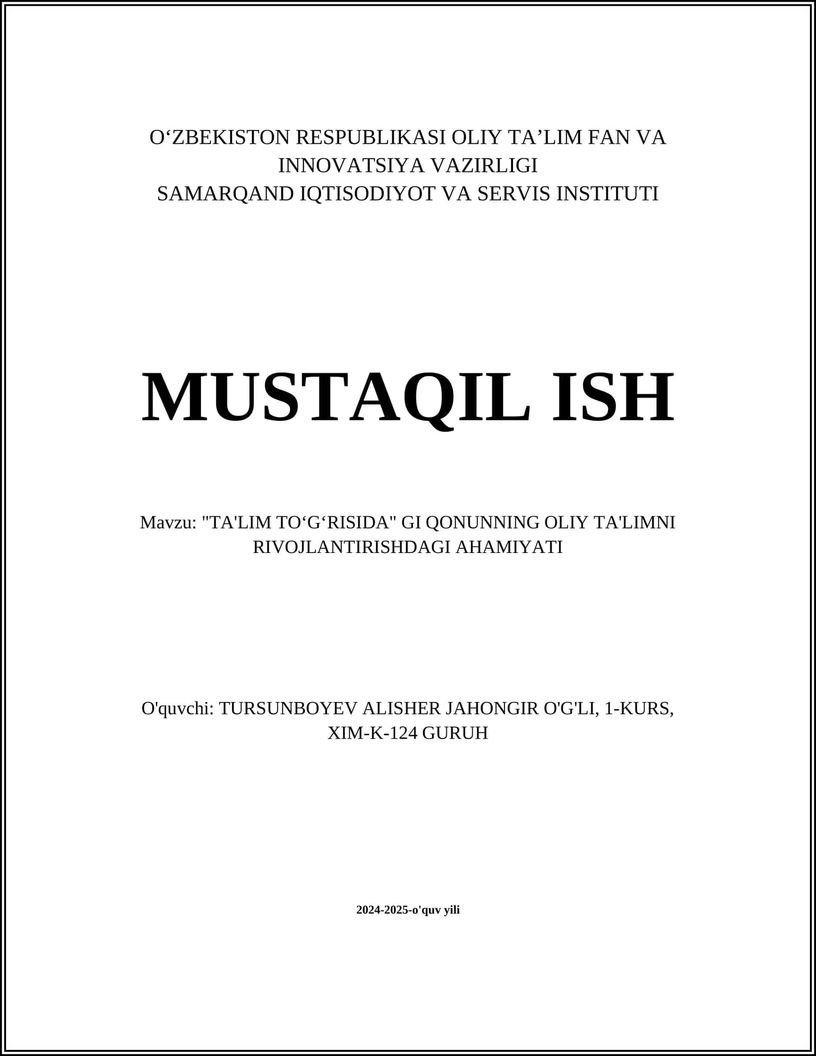 "TA'LIM TO‘G‘RISIDA" GI QONUNNING OLIY TA'LIMNI RIVOJLANTIRISHDAGI AHAMIYATI