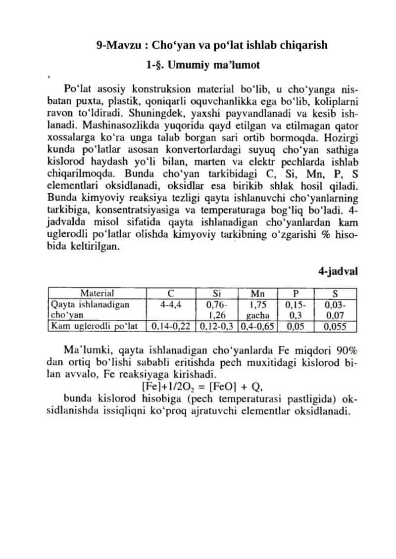 Cho‘yan va po‘lat ishlab chiqarish