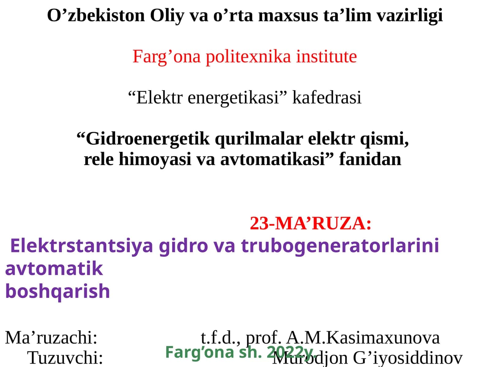 Elektrstantsiya Gidrovatrubo Generatorlarini Avtomatik Boshqarish