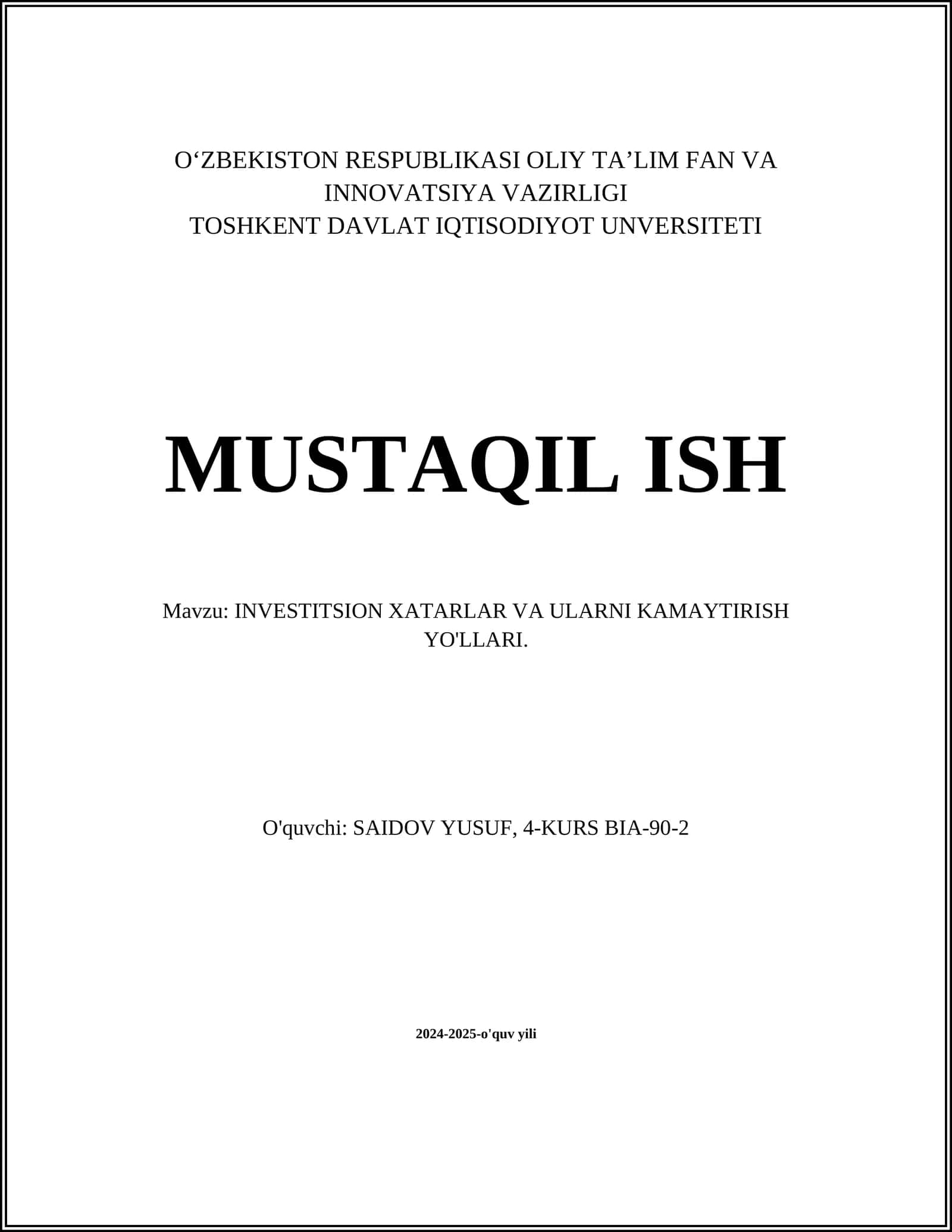 INVESTITSION XATARLAR VA ULARNI KAMAYTIRISH YO'LLARI