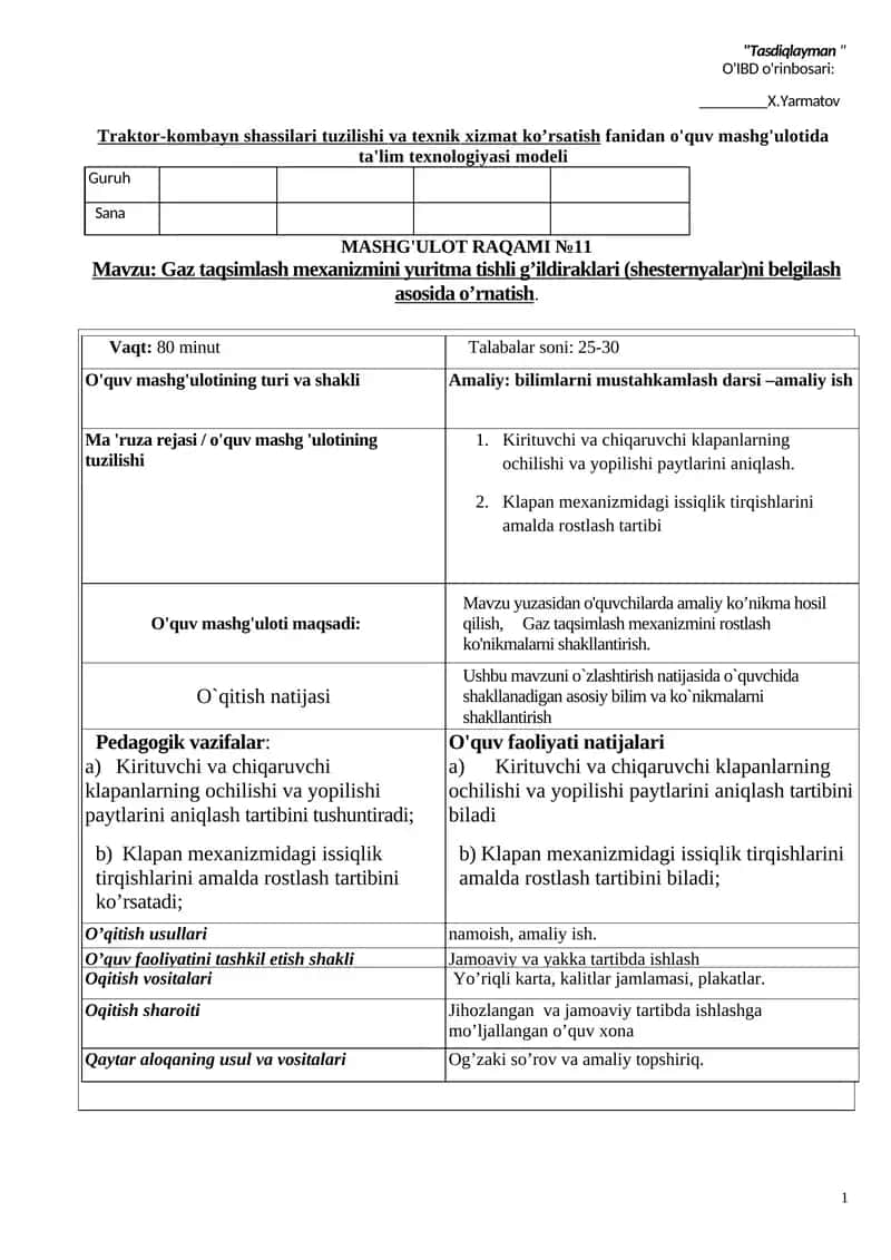 Traktor-kombayn shassilari tuzilishi va texnik xizmat ko’rsatish fаnidan o'quv mashg'ulotida ta'lim texnologiyasi modeli