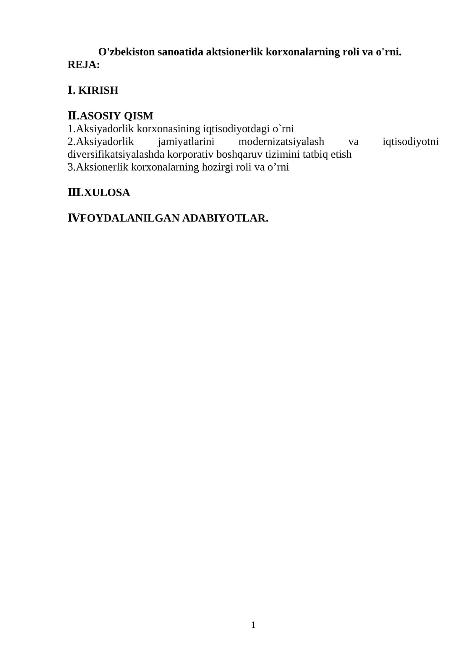 O'zbekiston sanoatida aktsionerlik korxonalarning roli va o'rni.