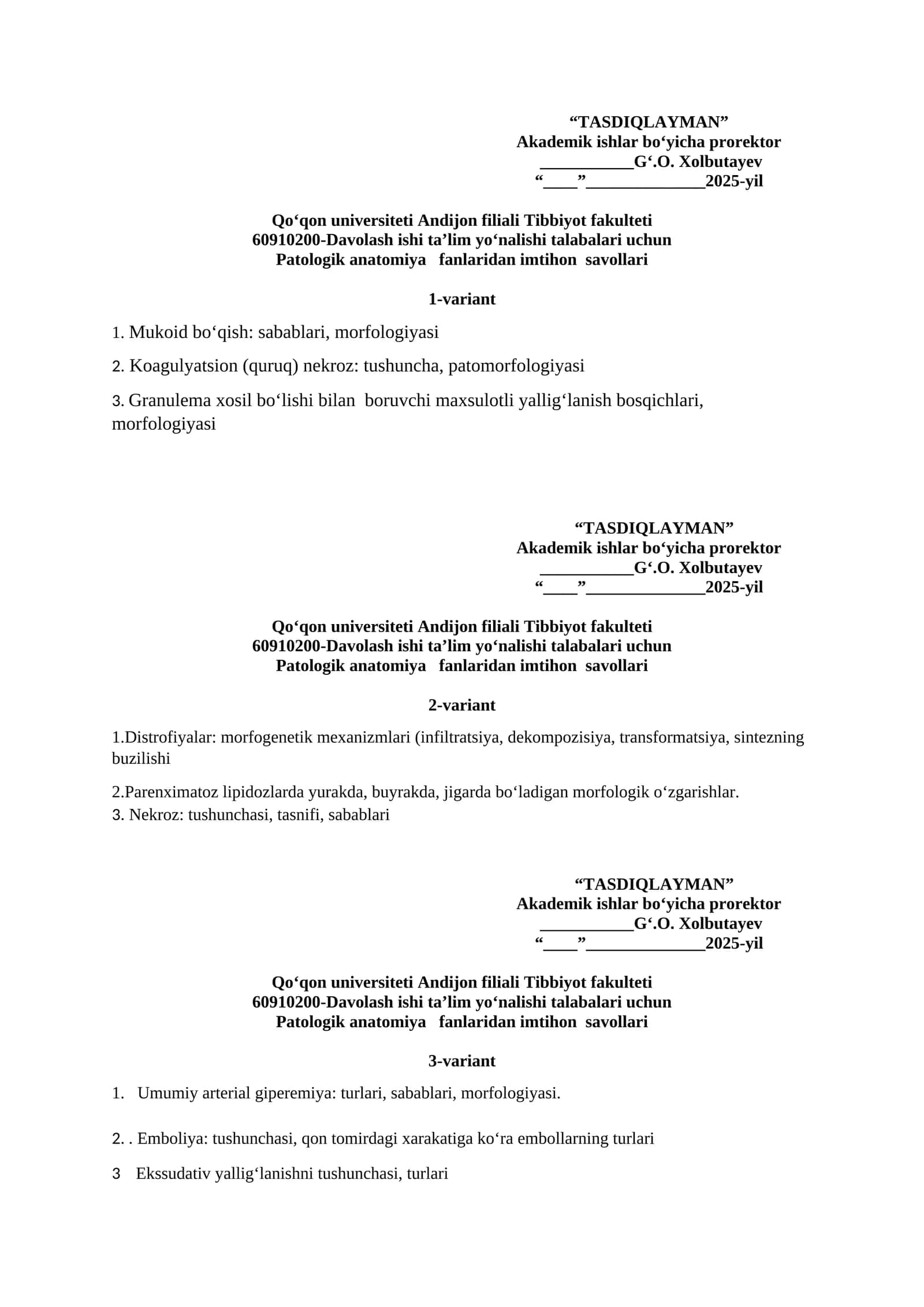 Patologik anatomiya fanlaridan imtihon savollari