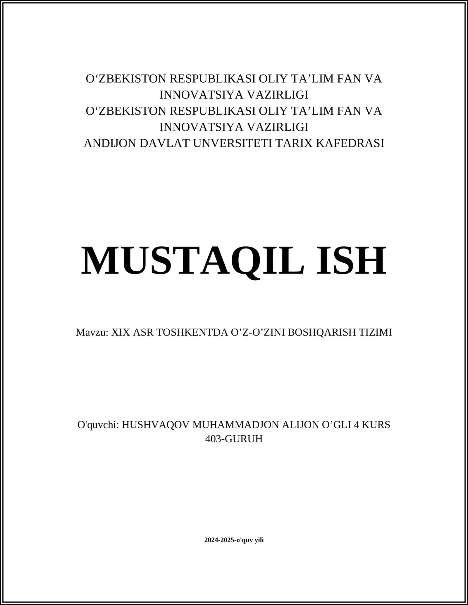 XIX ASR TOSHKENTDA O’Z-O’ZINI BOSHQARISH TIZIMI