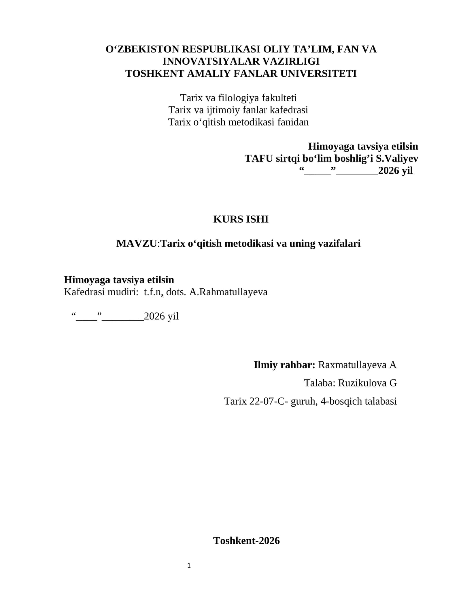 Tarix o‘qitish metodikasi va uning vazifalari