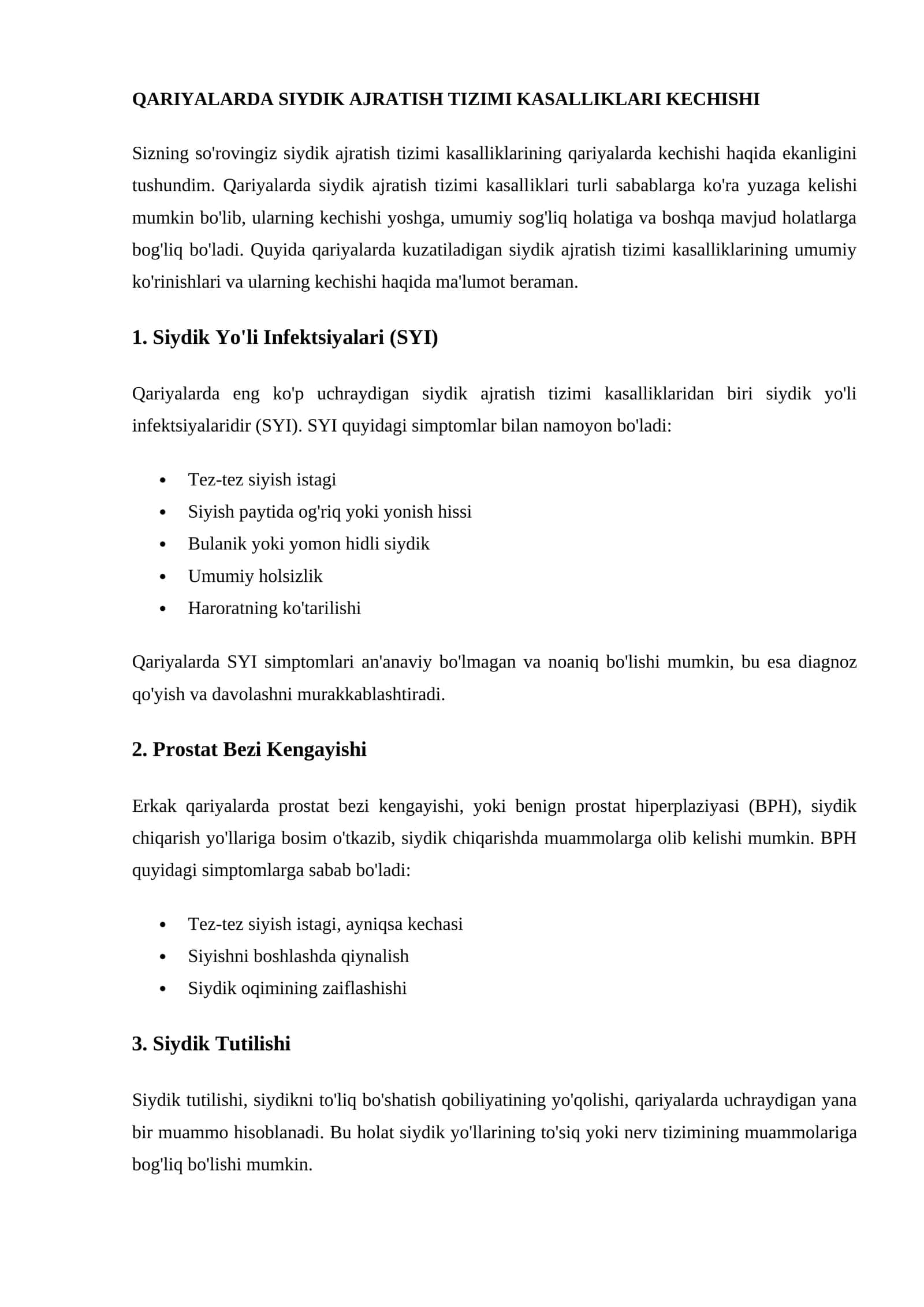 QARIYALARDA SIYDIK AJRATISH TIZIMI KASALLIKLARI KECHISHI