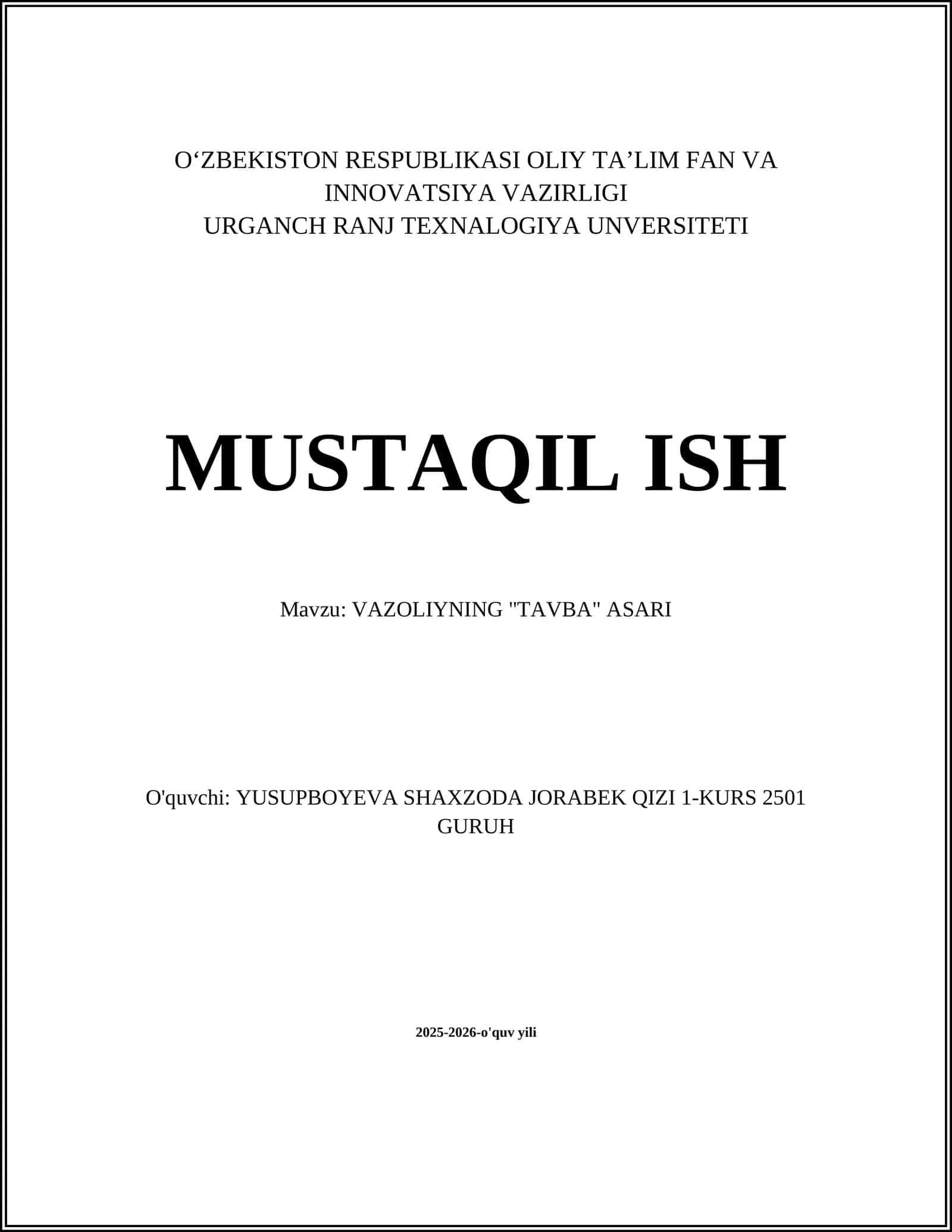 VAZOLIYNING "TAVBA" ASARI