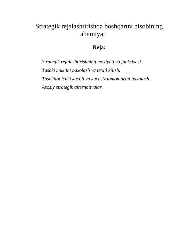 Strategik rejalashtirishda boshqaruv hisobining ahamiyati