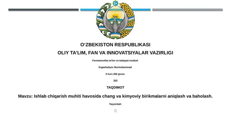 Ishlab chiqarish muhiti havosida chang va kimyoviy birikmalarni aniqlash va baholash