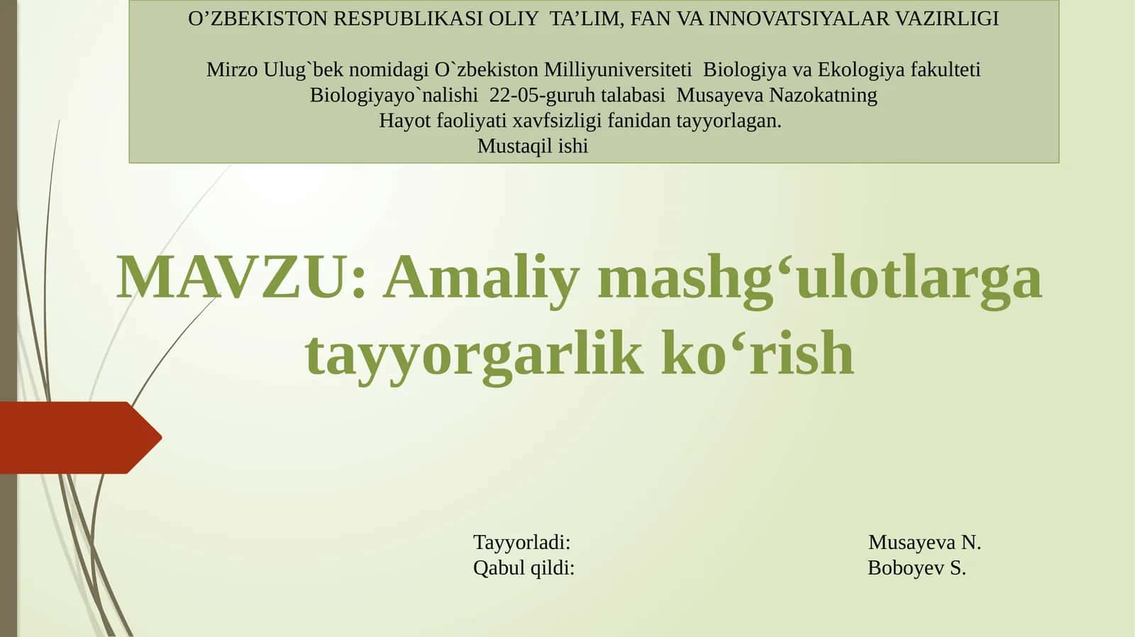 Hayot faoliyati xavfsizligi fanidan tayyorlagan