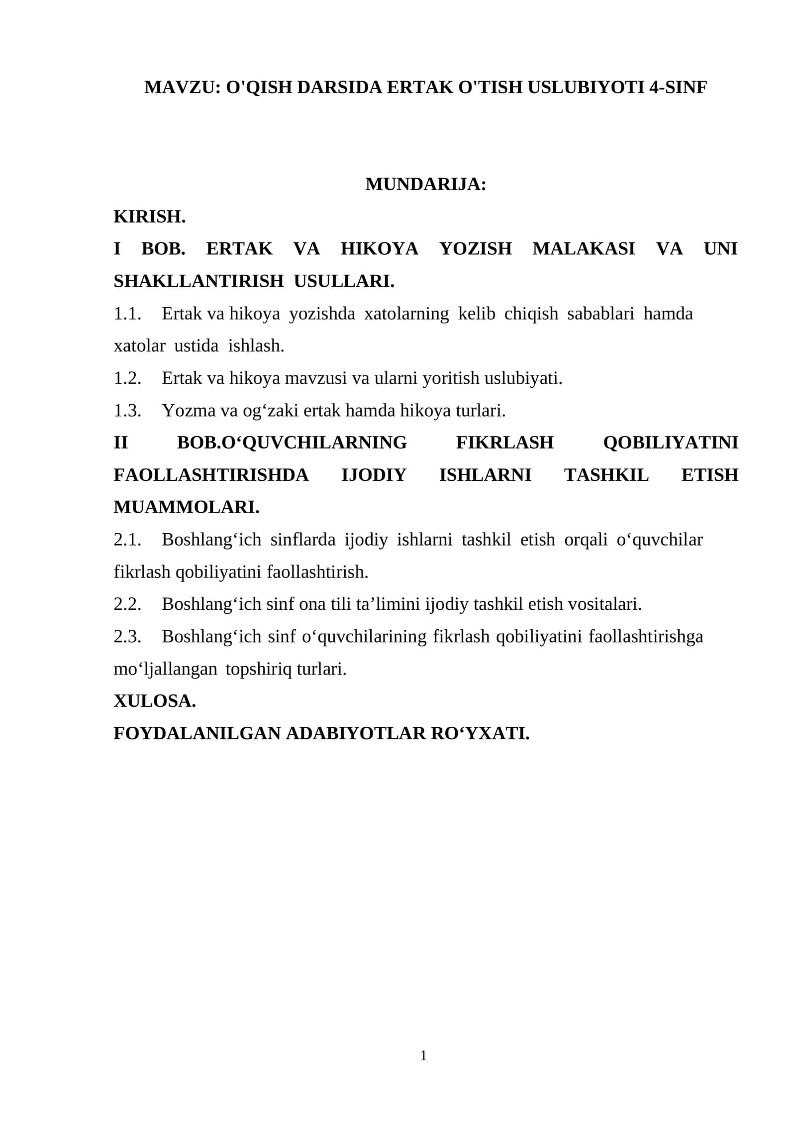 O'qish darsida ertak o'tish uslubiyoti 4-sinf