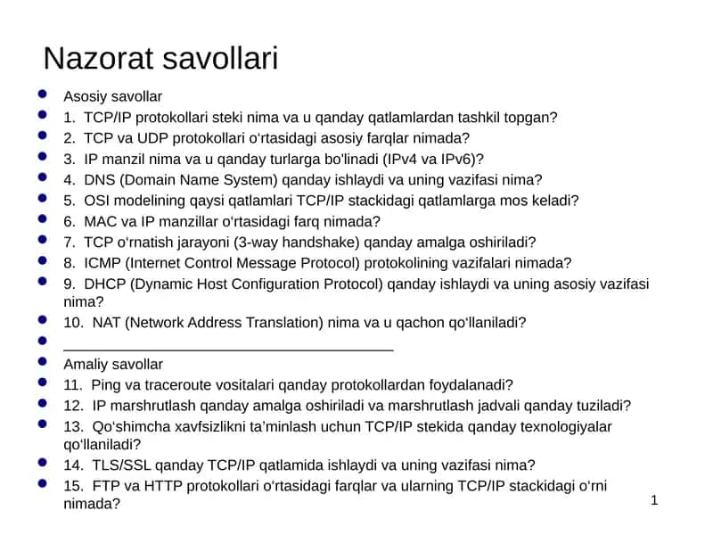 Ilova pog‘onasi ta’rifi. Klient-server va peer to peer modellari, arxitekturalari. Internet ilovalari. Internetdagi DNS xizmati. World Wide Web ta'rifi. HTTP, HTML, URL tushunchalari