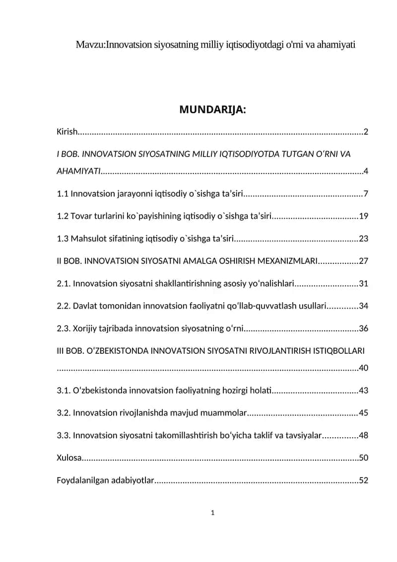 Innovatsion siyosatning milliy iqtisodiyotdagi o'rni va ahamiyati