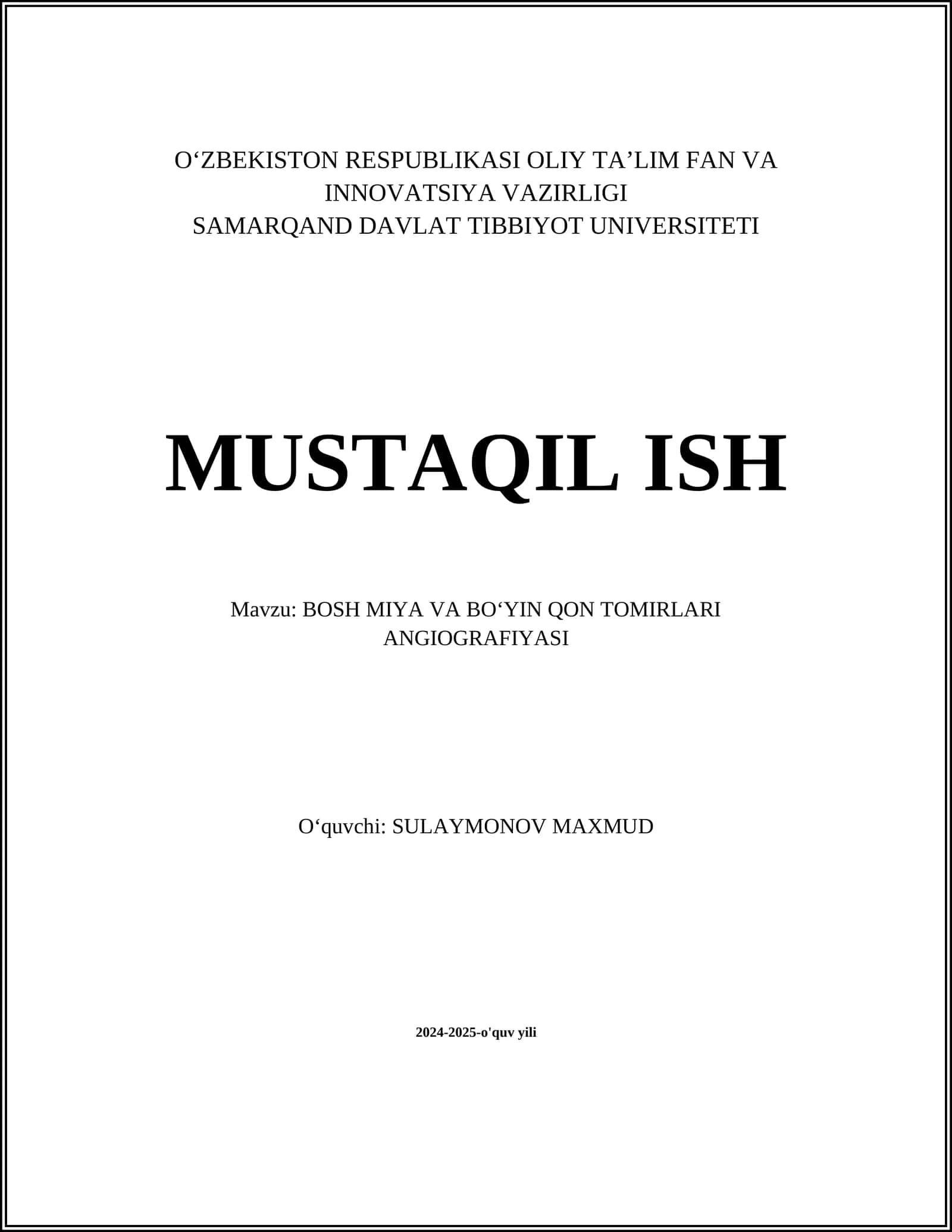 BOSH MIYA VA BOʻYIN QON TOMIRLARI ANGIOGRAFIYASI