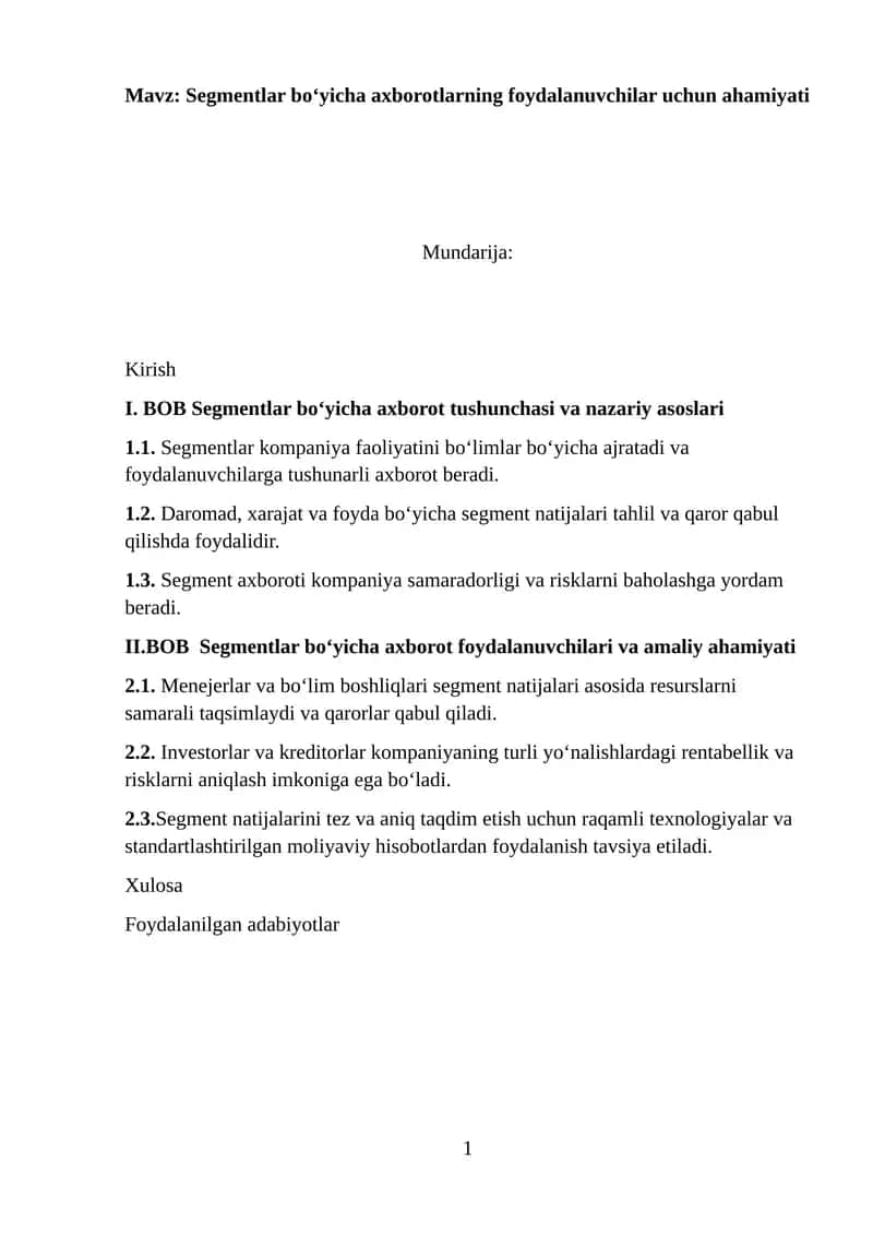 Segmentlar bo‘yicha axborotlarning foydalanuvchilar uchun ahamiyati