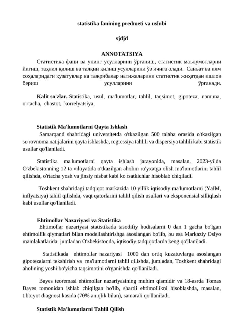 Statistika fanining predmeti va uslubi