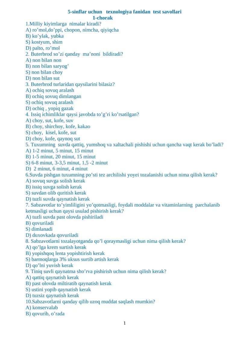 5-sinflar uchun texnologiya fanidan test savollari