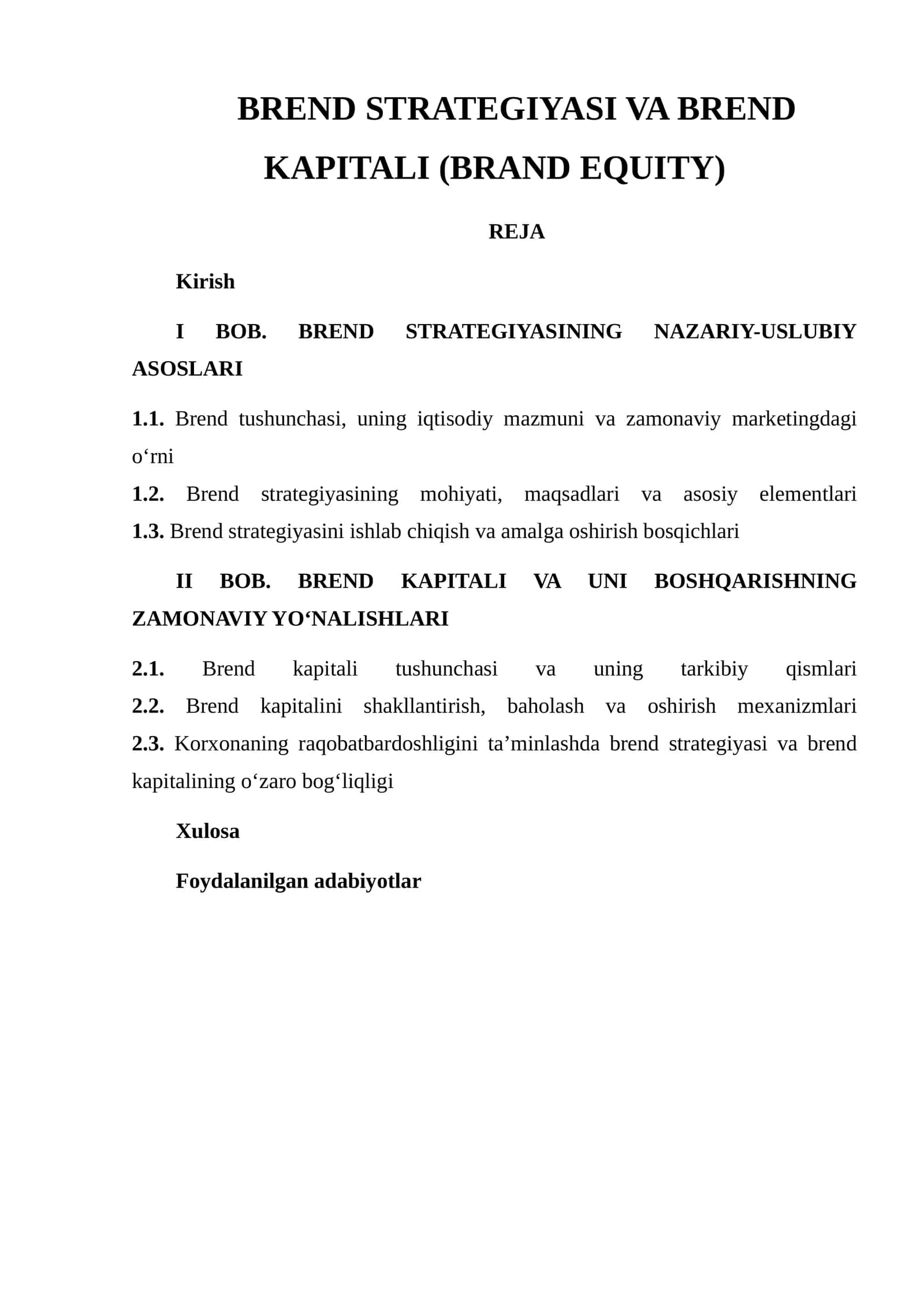 BREND STRATEGIYASI VA BREND KAPITALI (BRAND EQUITY)