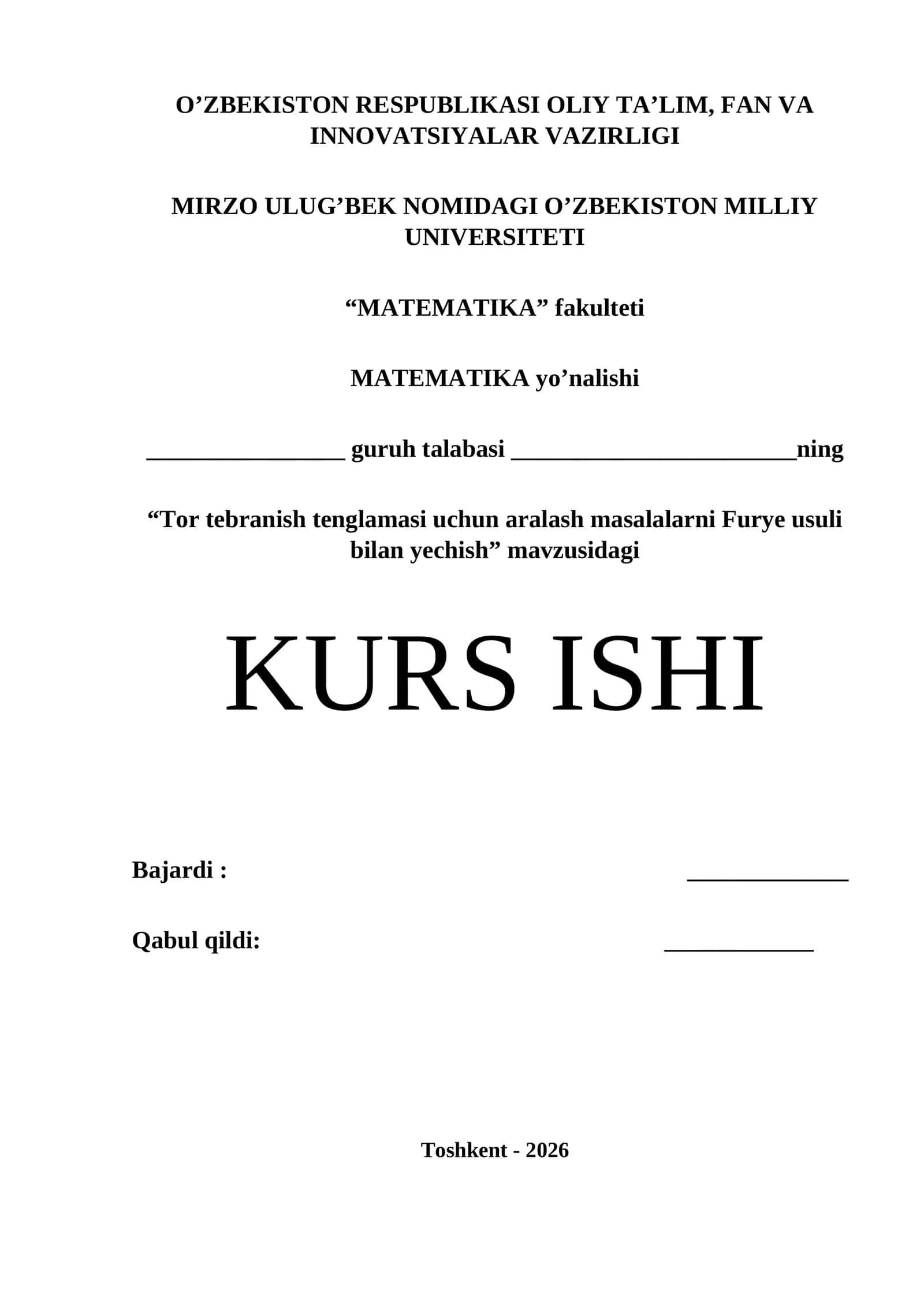 Tor tebranish tenglamasi uchun aralash masalalarni Furye usuli bilan yechish