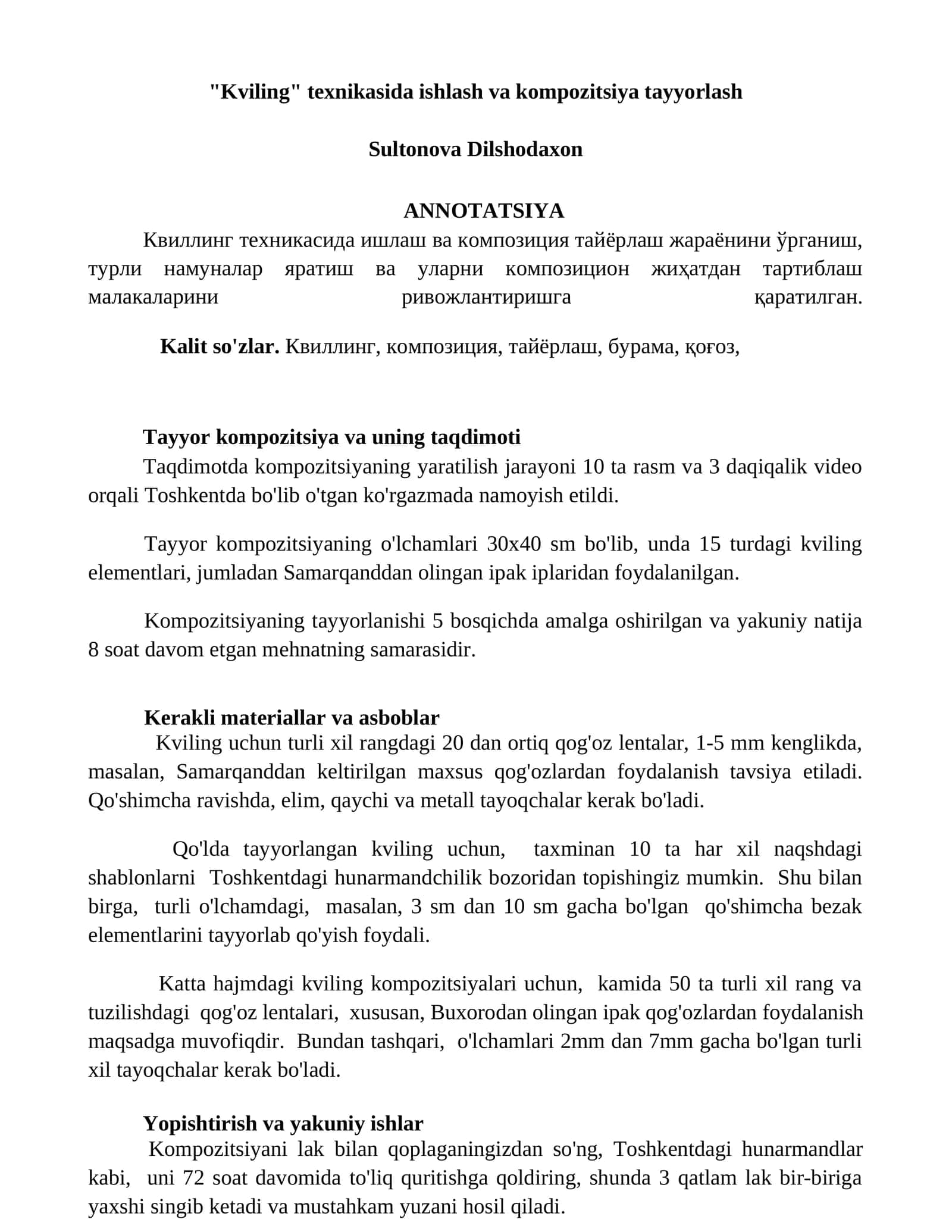 "Kviling" texnikasida ishlash va kompozitsiya tayyorlash