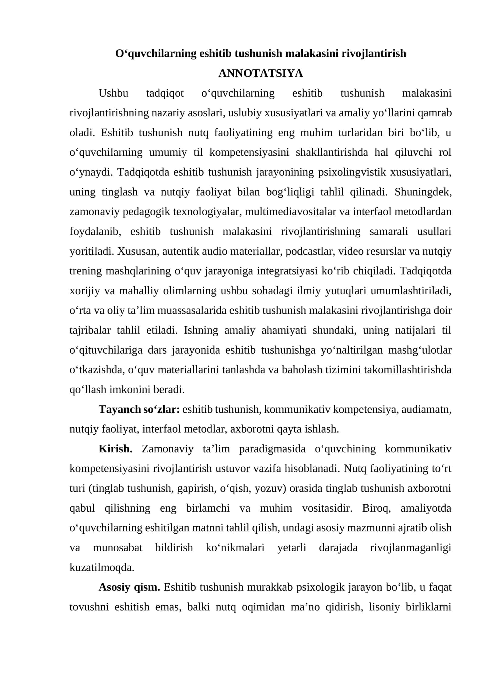 O‘quvchilarning eshitib tushunish malakasini rivojlantirish