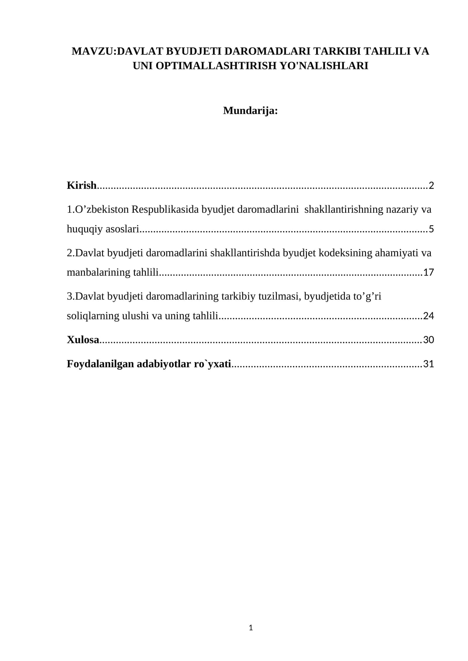 DAVLAT BYUDJETI DAROMADLARI TARKIBI TAHLILI VA UNI OPTIMALLASHTIRISH YO'NALISHLARI