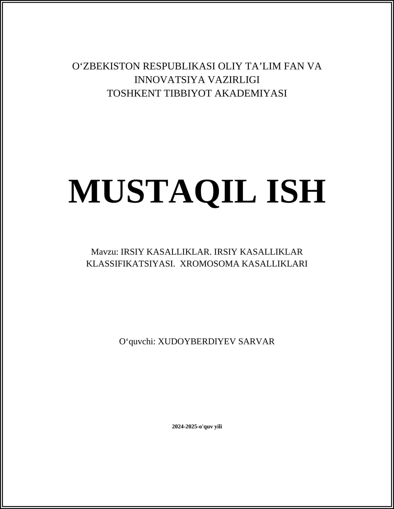 IRSIY KASALLIKLAR. IRSIY KASALLIKLAR KLASSIFIKATSIYASI. XROMOSOMA KASALLIKLARI