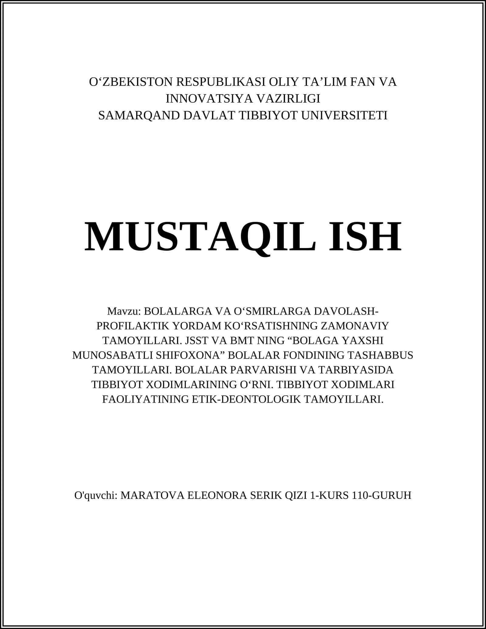 BOLALARGA VA O‘SMIRLARGA DAVOLASH-PROFILAKTIK YORDAM KO‘RSATISHNING ZAMONAVIY TAMOYILLARI