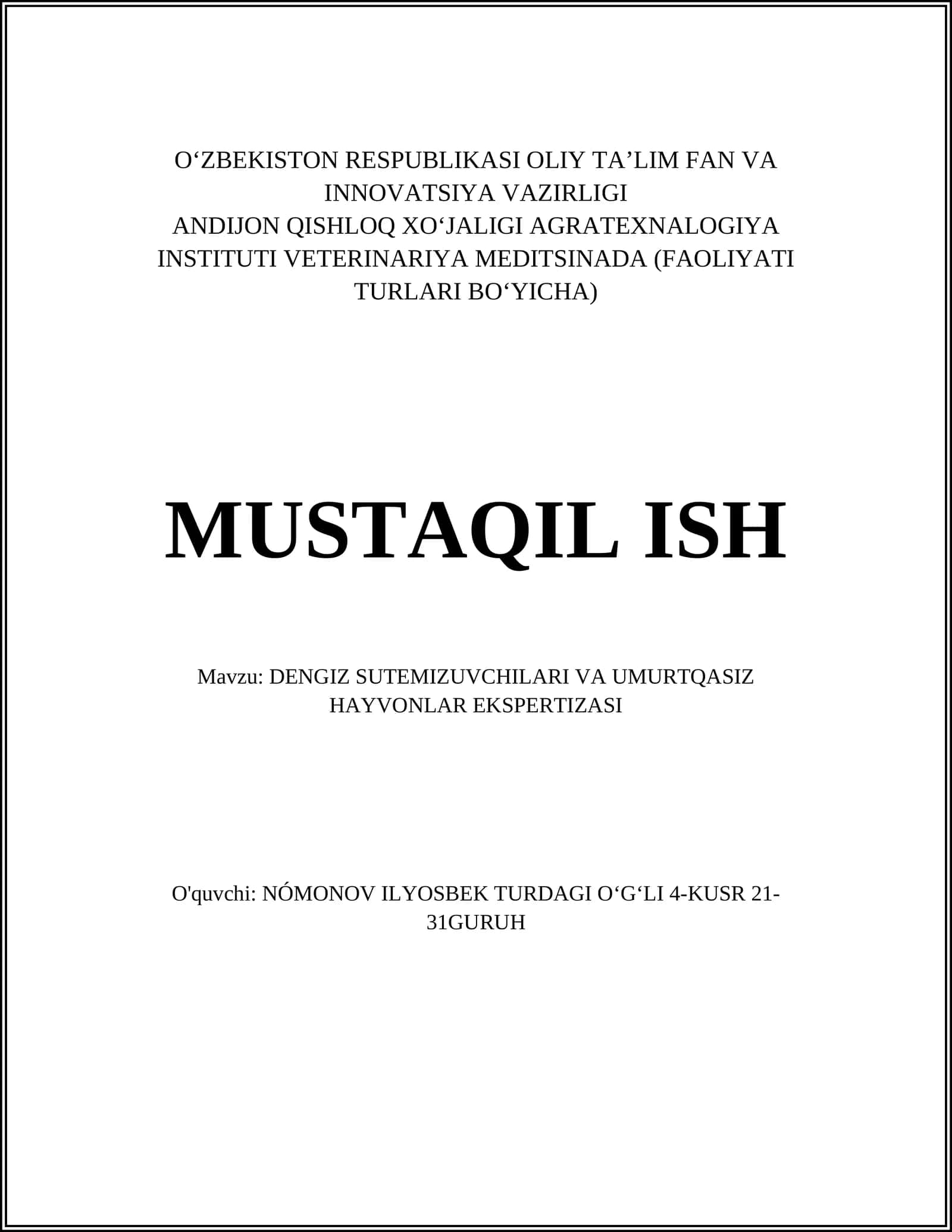 Dengiz Sutemizuvchilari va Umurtqasiz Hayvonlar Ekspertizasi