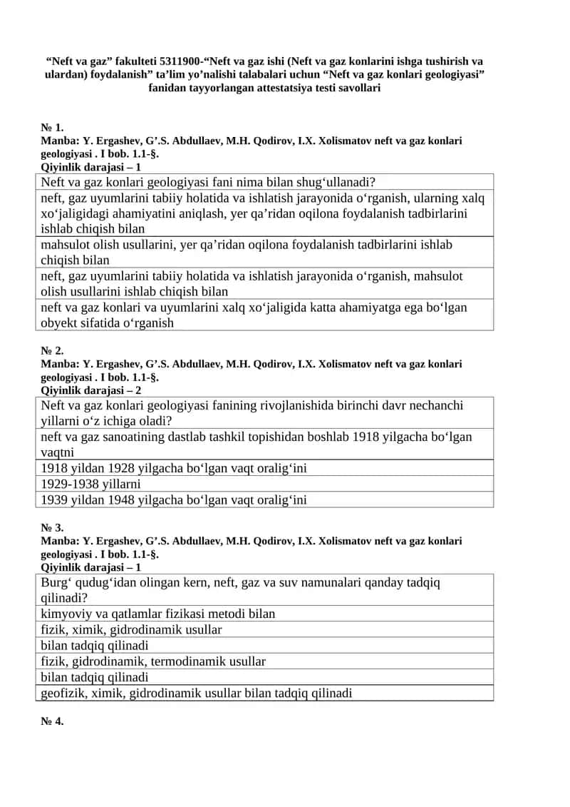 Neft va gaz konlari geologiyasi Attestatsiya testi savollari