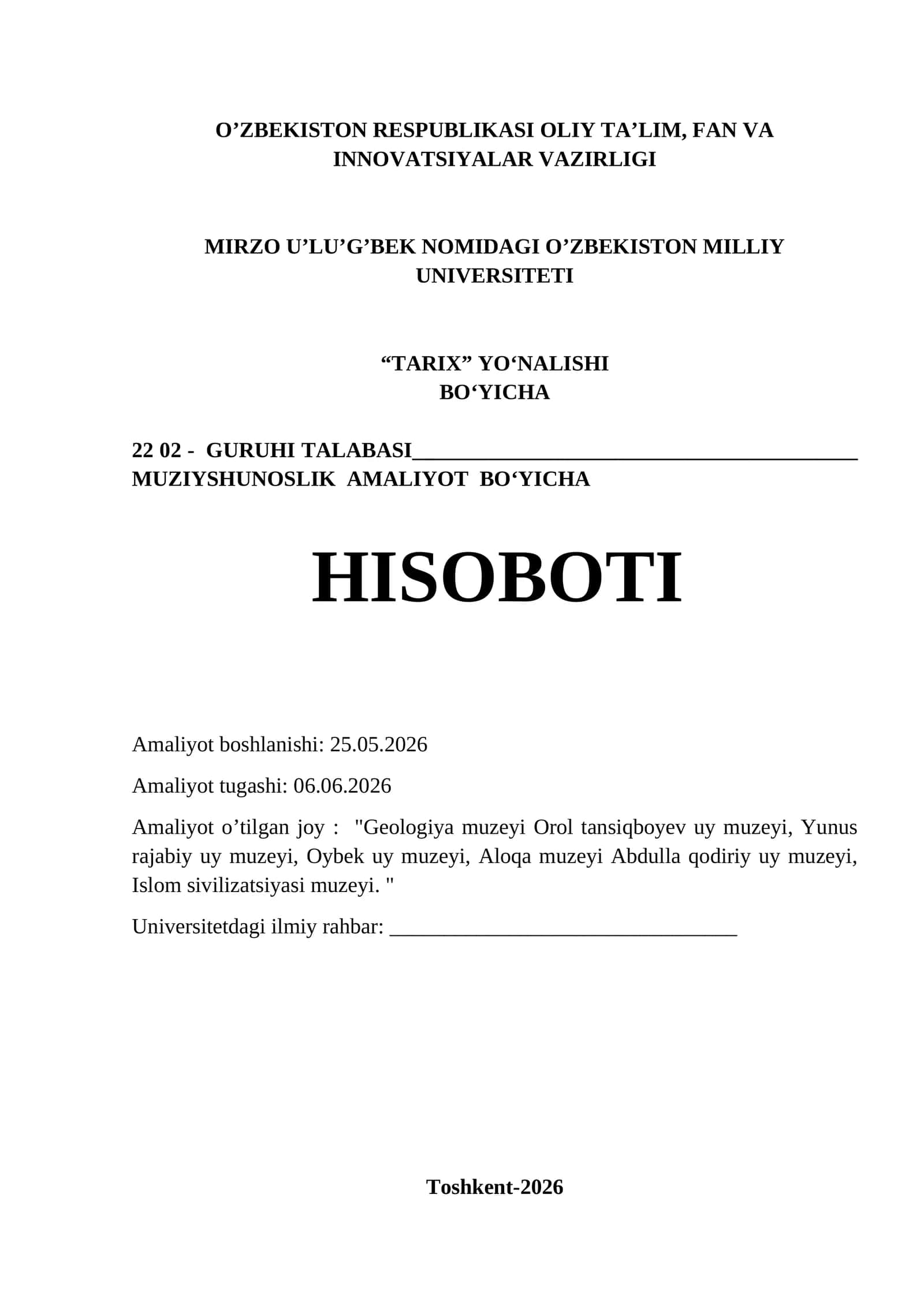 Muzeyshunoslik amaliyot bo‘yicha