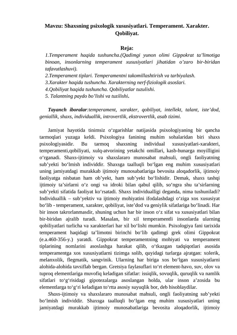 Shaxsning psixologik xususiyatlari