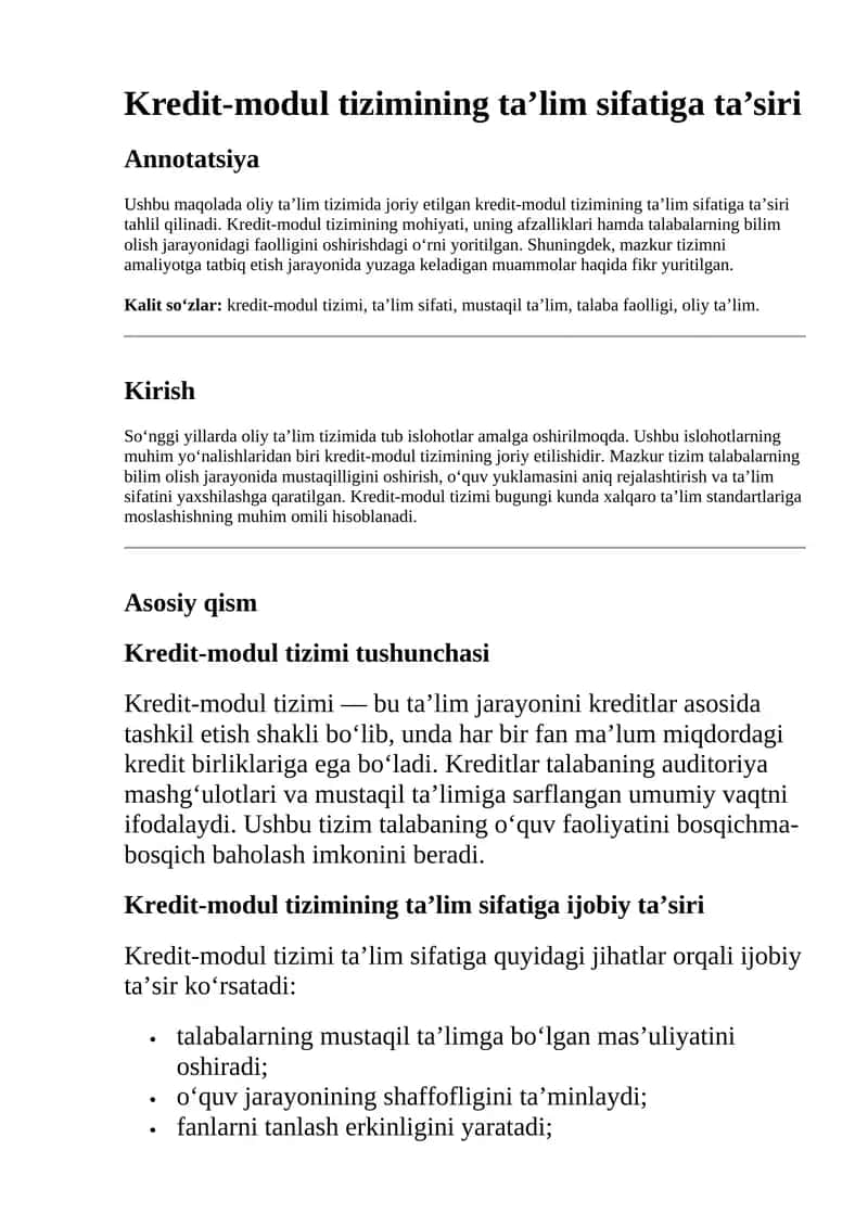 Kredit-modul tizimining ta’lim sifatiga ta’siri